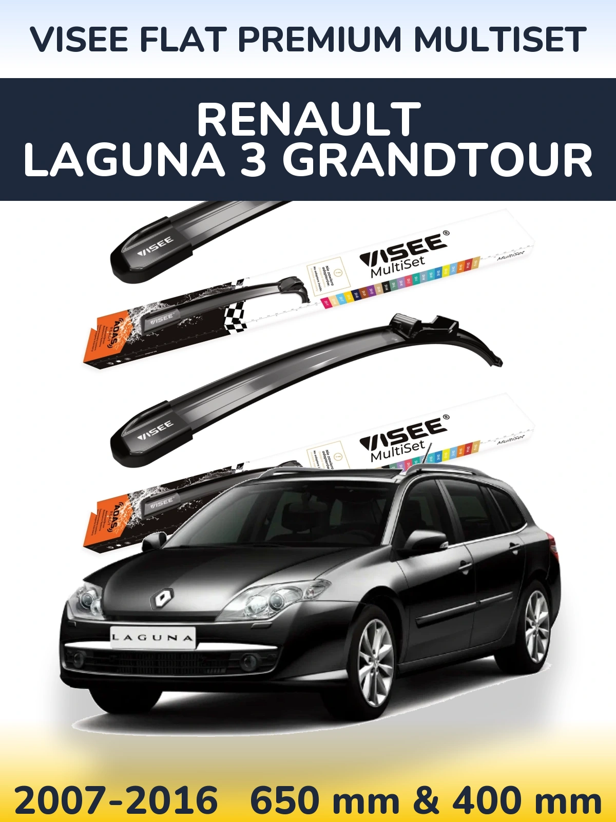 Front wiper blade set VISEE FLAT PREMIUM MultiSet 650 & 400 мм for Renault Laguna 3 Grandtour 2007-2016