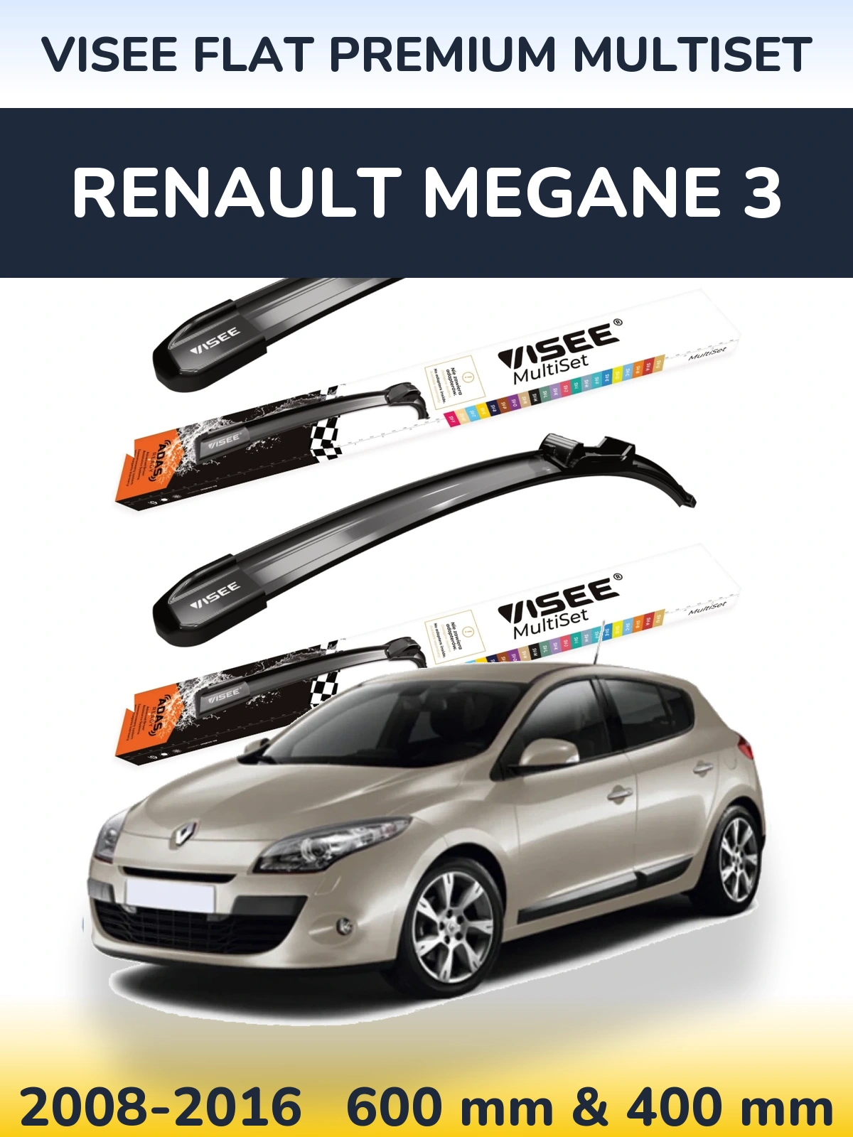 Front wiper blade set VISEE FLAT PREMIUM MultiSet 600 & 400 мм for Renault Megane 3 2008-2016