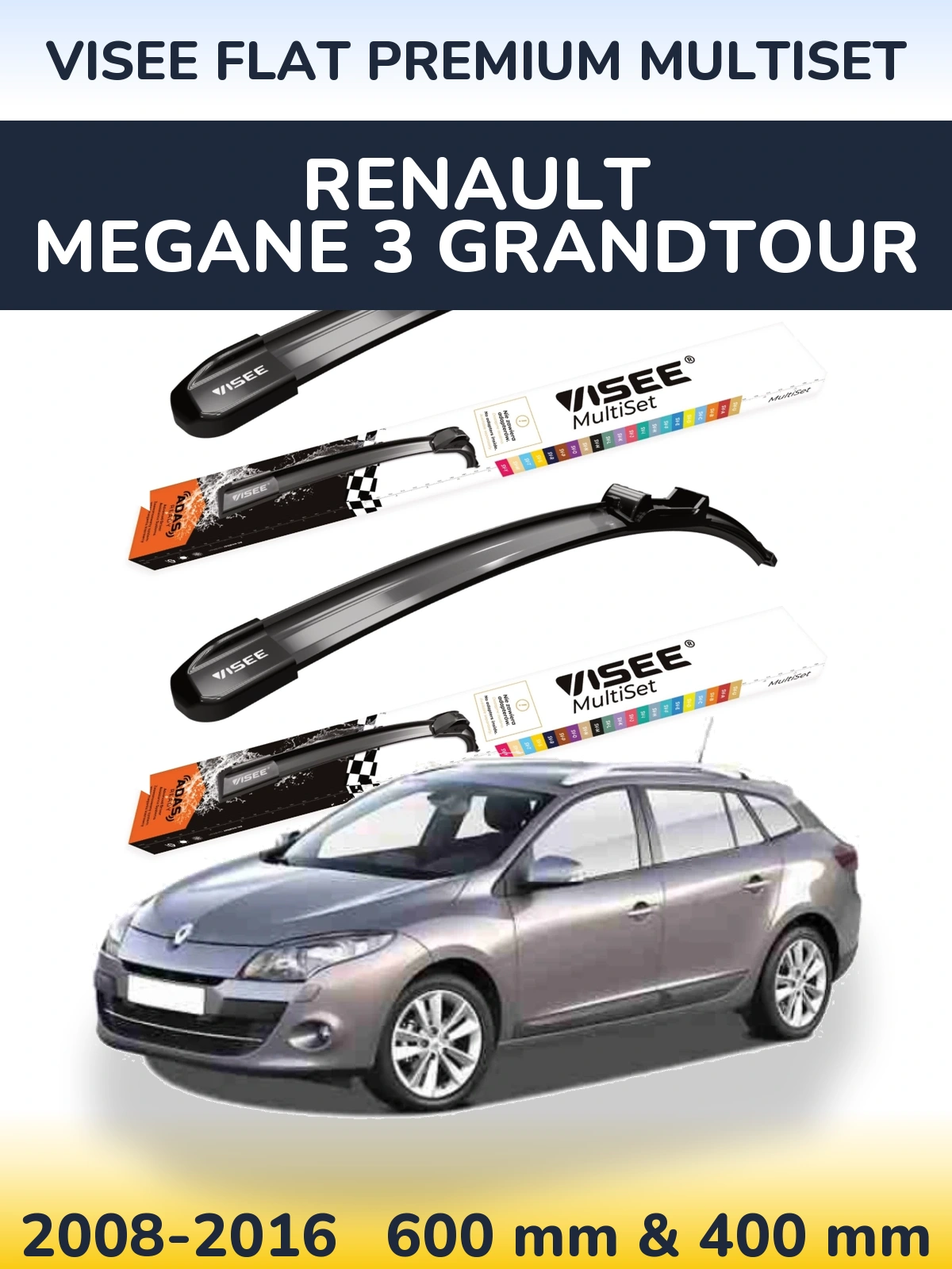 Front wiper blade set VISEE FLAT PREMIUM MultiSet 600 & 400 мм for Renault Megane 3 Grandtour 2008-2016