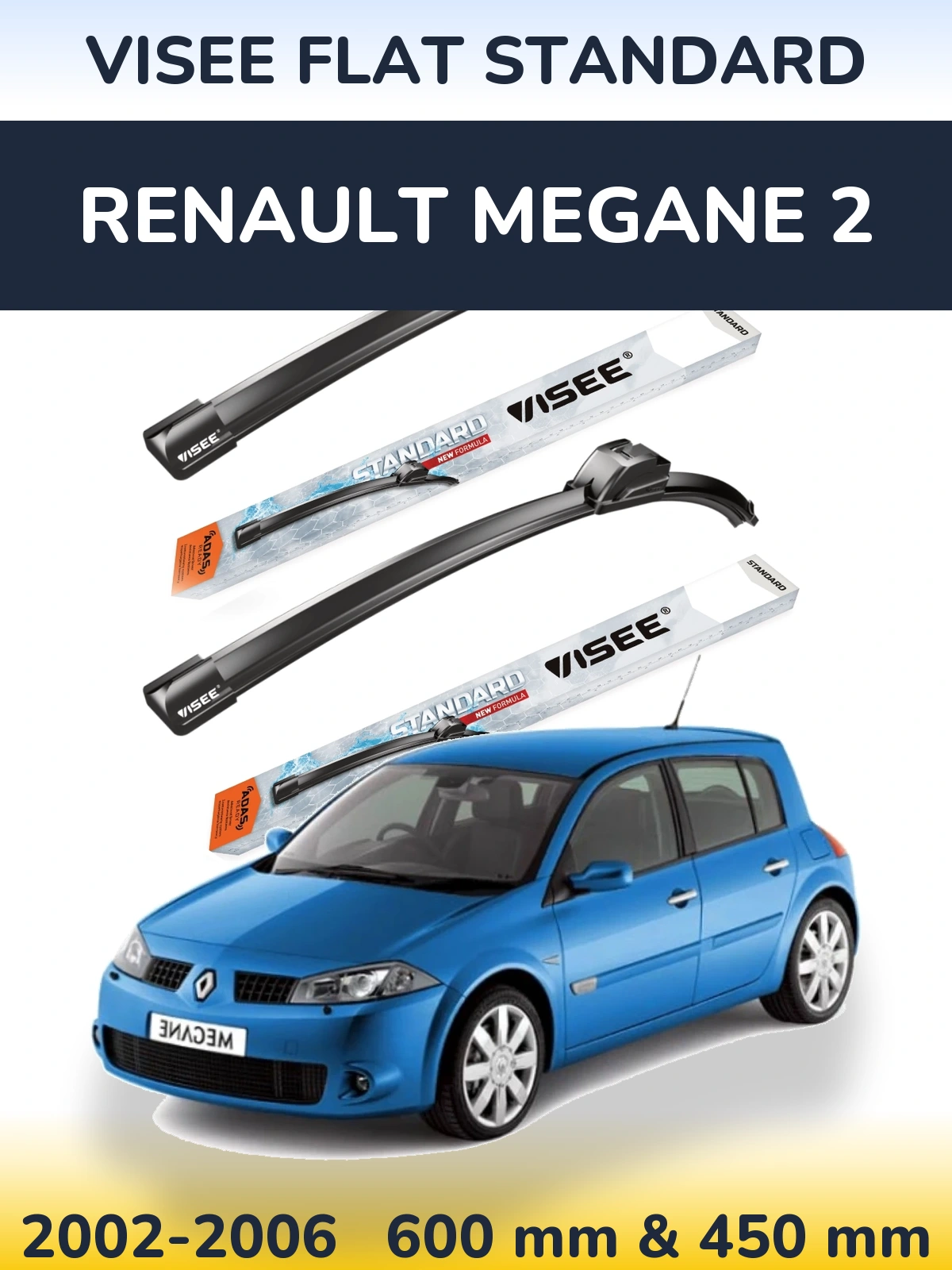 Комплект передних дворников VISEE FLAT STANDARD 600 & 450 мм для Renault Megane 2 2002-2006