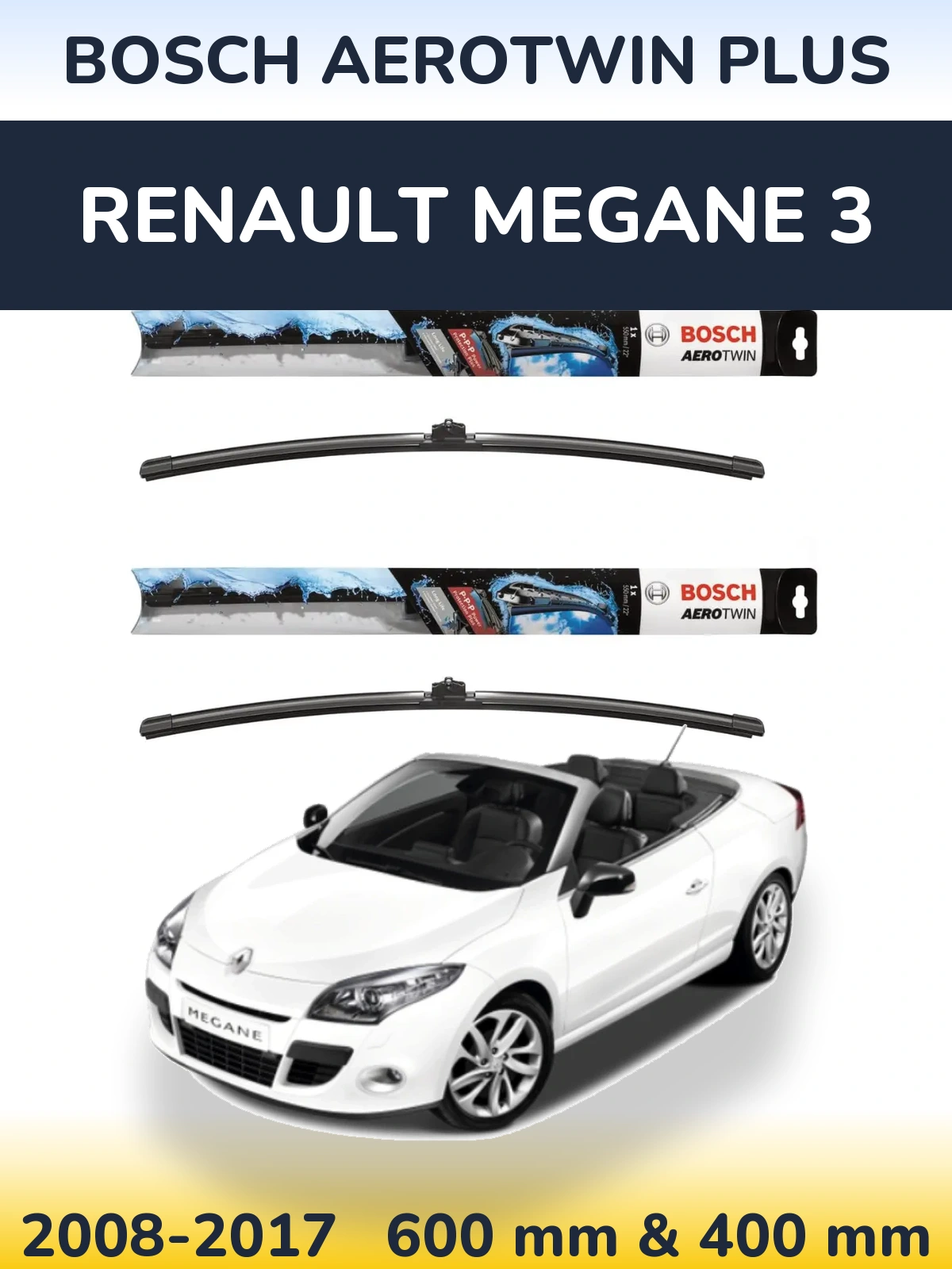Комплект передніх щіток BOSCH AeroTwin Plus 600 & 400 мм для Renault Megane 3 2008-2017