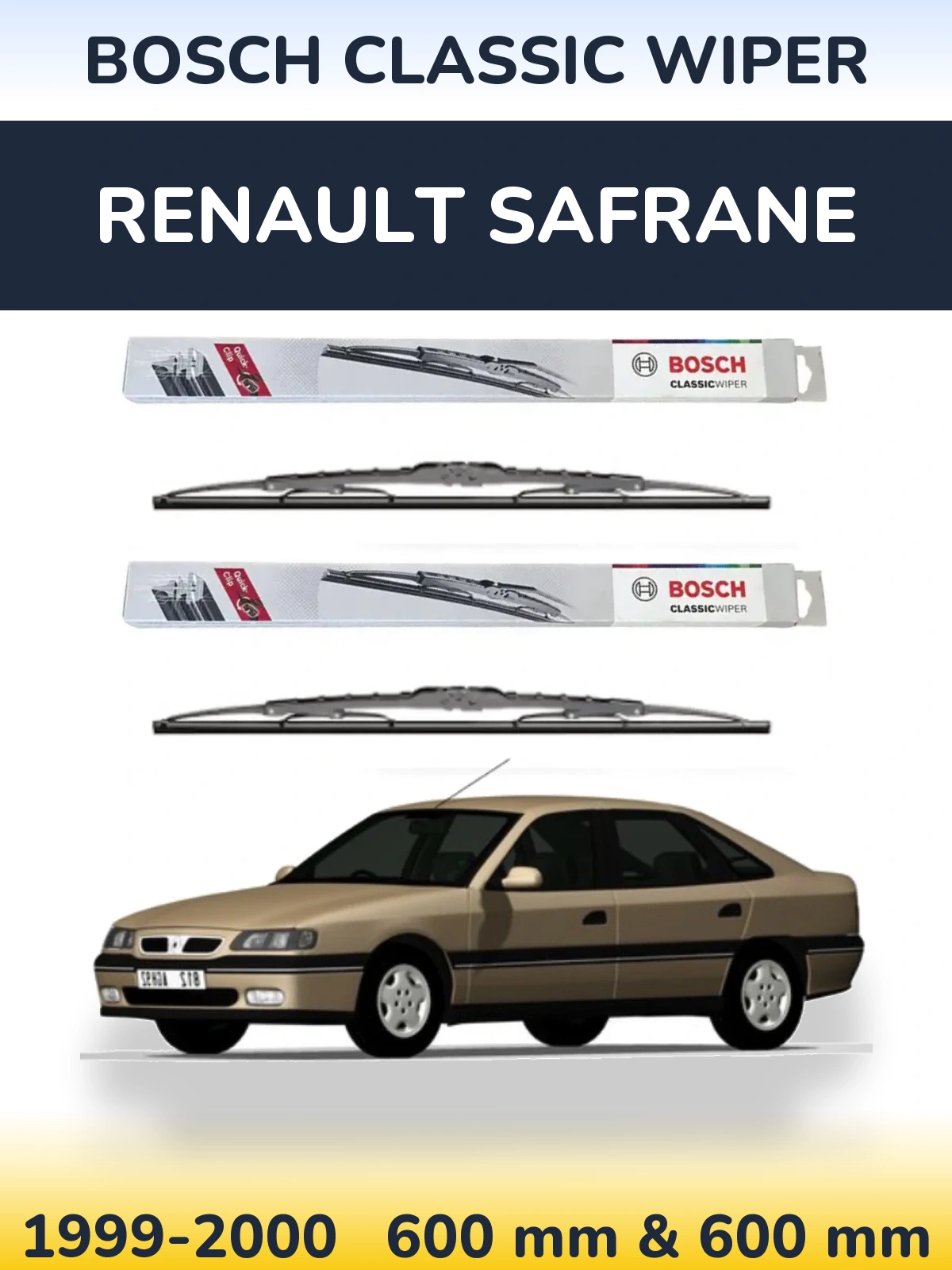 Front wiper blade set BOSCH Classic Wiper 600 & 600 mm for Renault Safrane 1999-2000