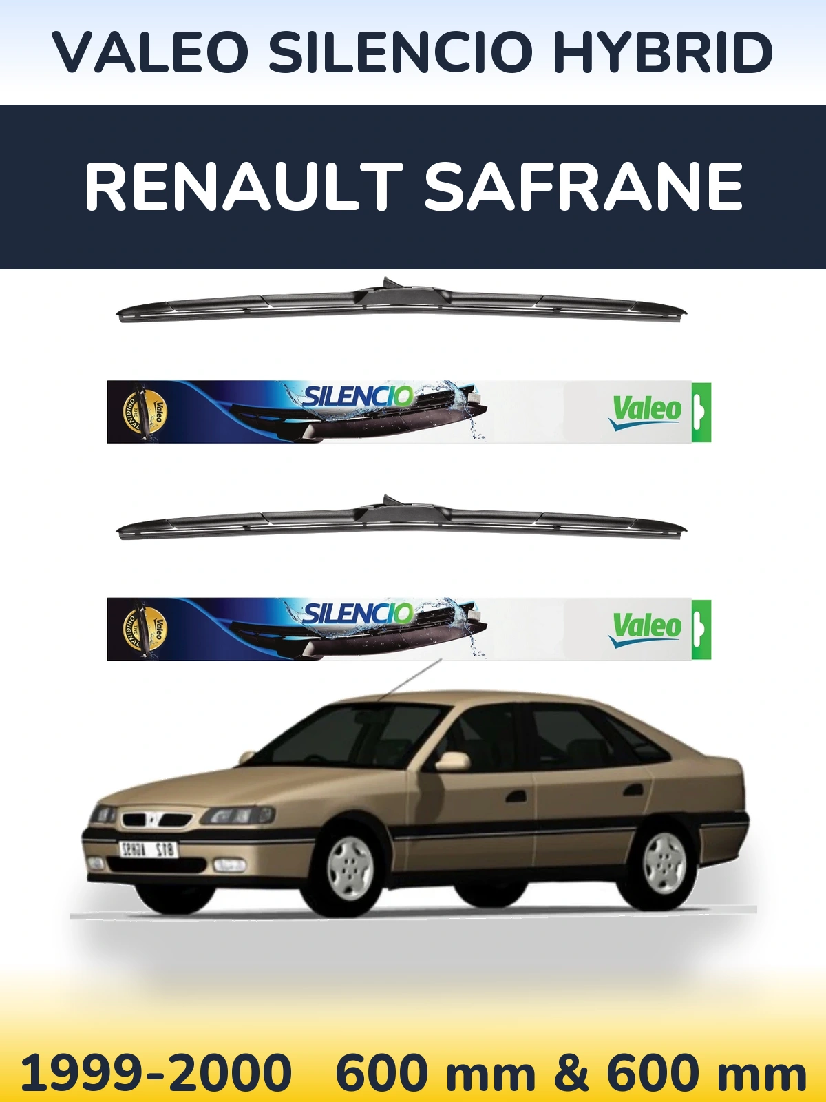 Front wiper blade set Valeo Silencio Hybrid 600 & 600 mm for Renault Safrane 1999-2000
