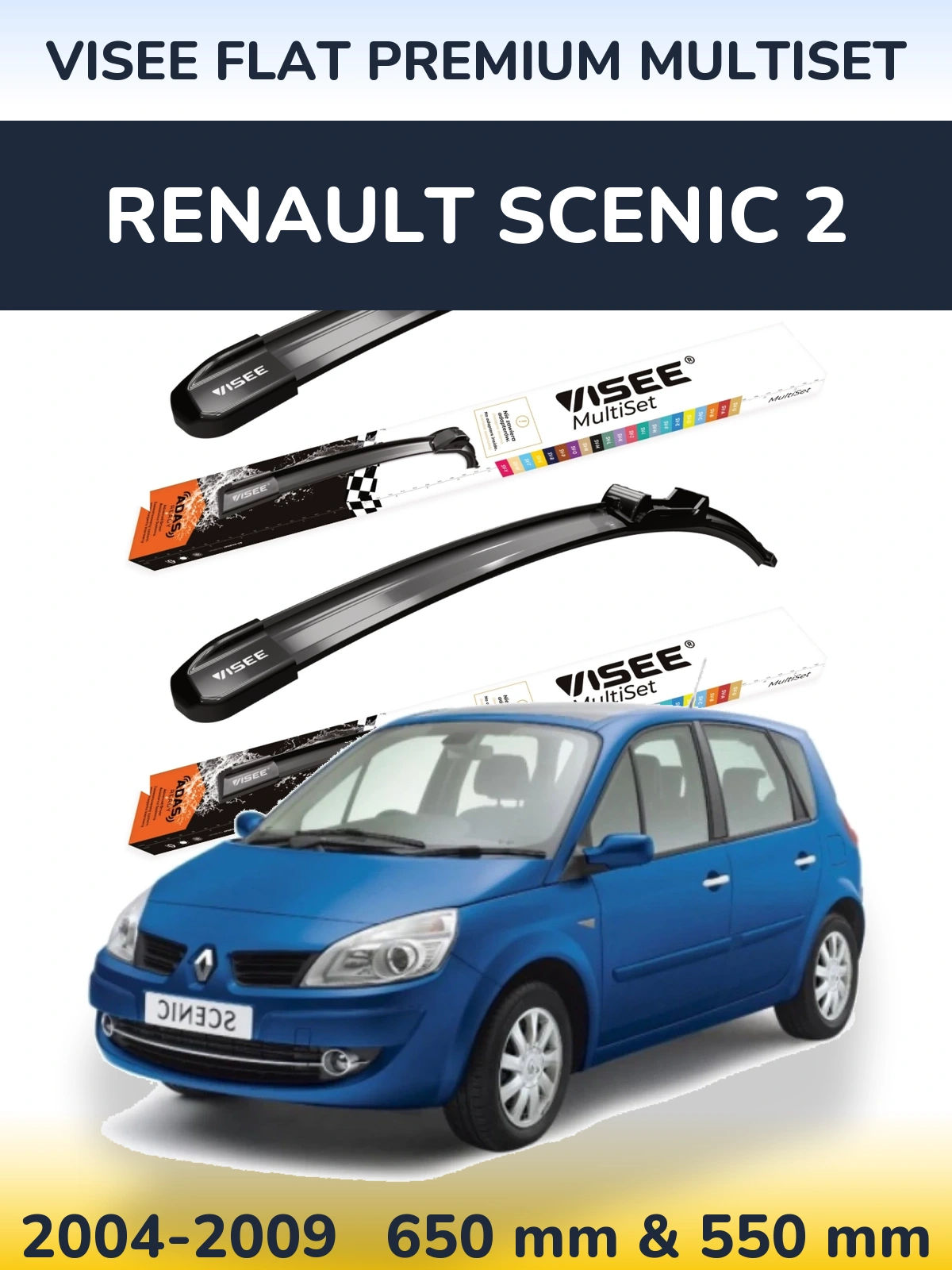 Front wiper blade set VISEE FLAT PREMIUM MultiSet 650 & 550 мм for Renault Scenic 2 2004-2009