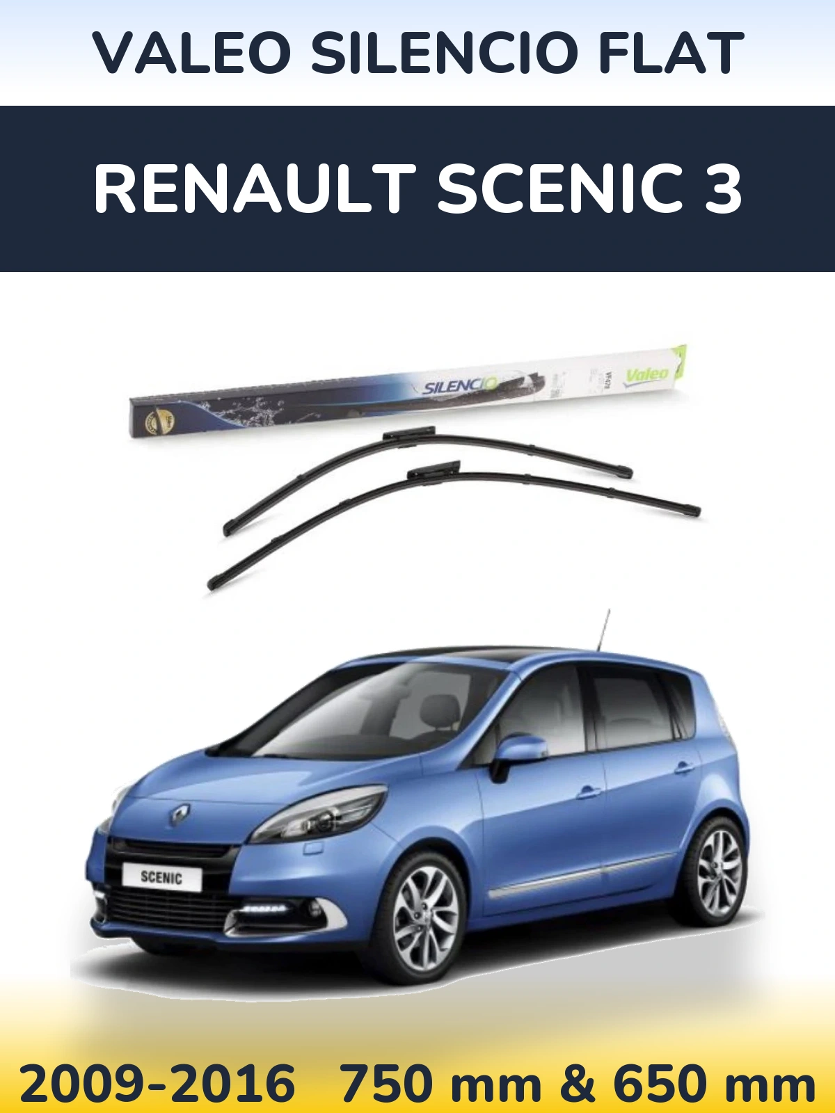 Front wiper blade set Valeo Silencio Flat 750 & 650 mm for Renault Scenic 3 2009-2016