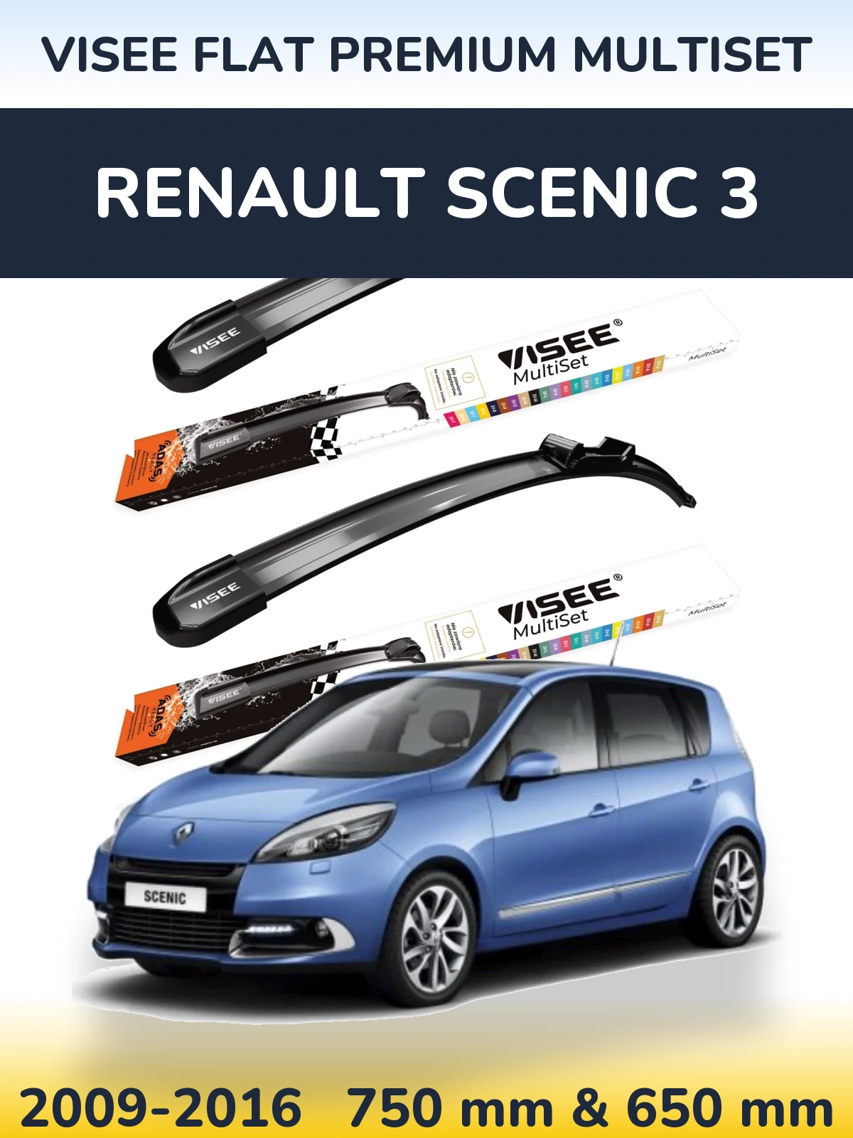 Front wiper blade set VISEE FLAT PREMIUM MultiSet 750 & 650 мм for Renault Scenic 3 2009-2016