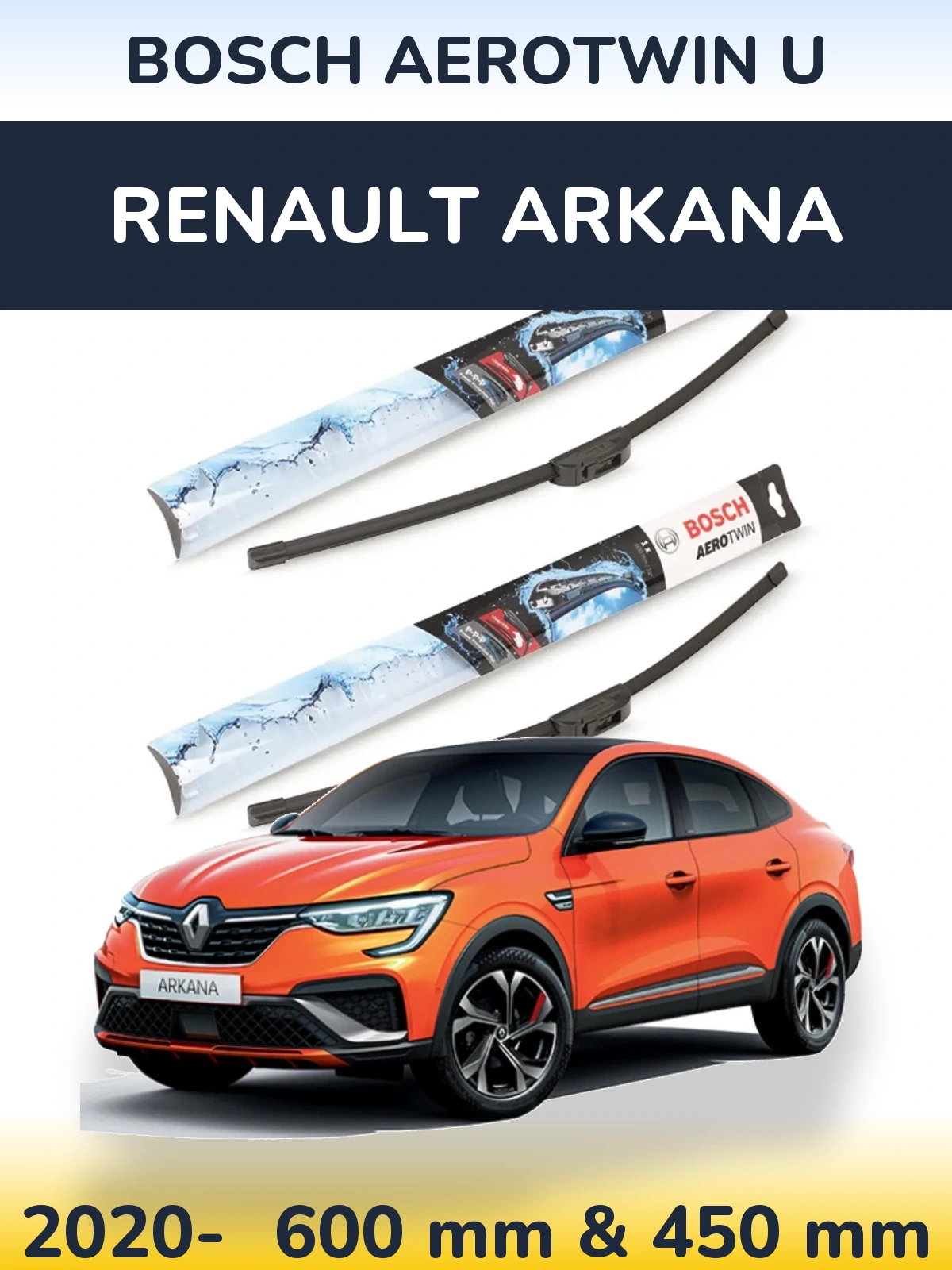 Комплект передних дворников BOSCH AeroTwin U 600 & 450 мм для Renault Arkana 2020-2026