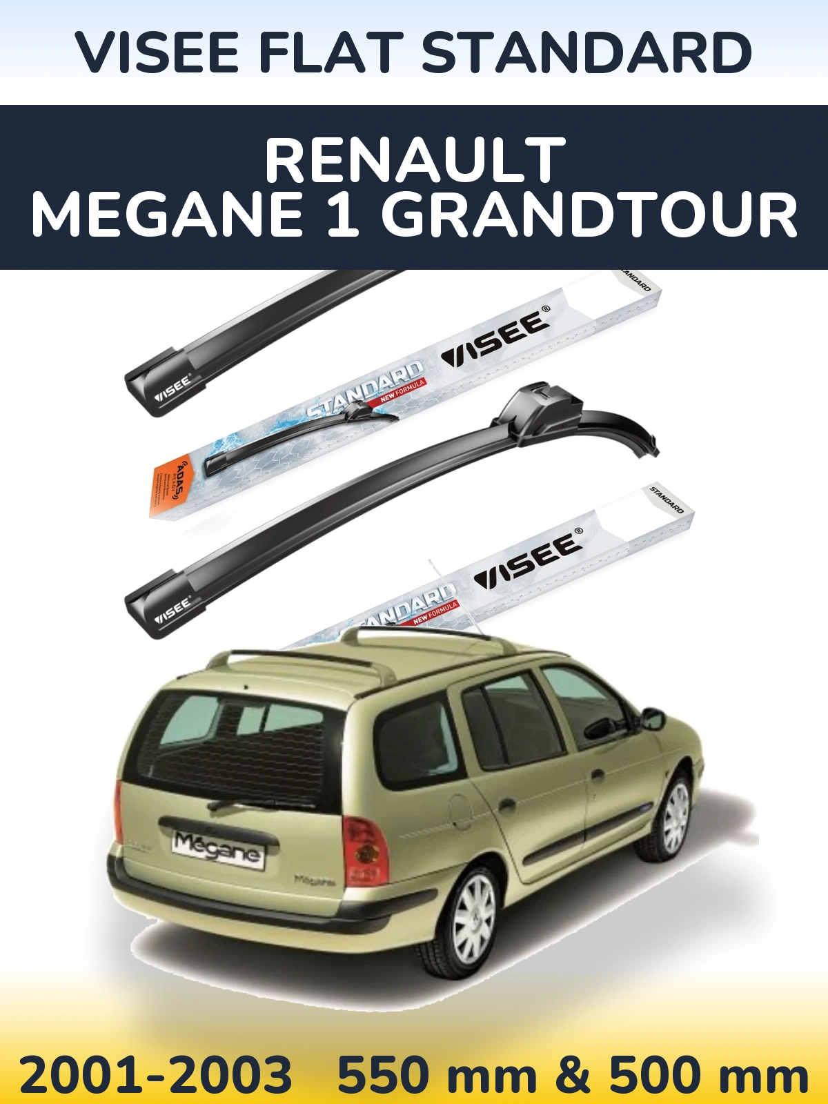Front wiper blade set VISEE FLAT STANDARD 550 & 500 мм for Renault Megane 1 Grandtour 2001-2003