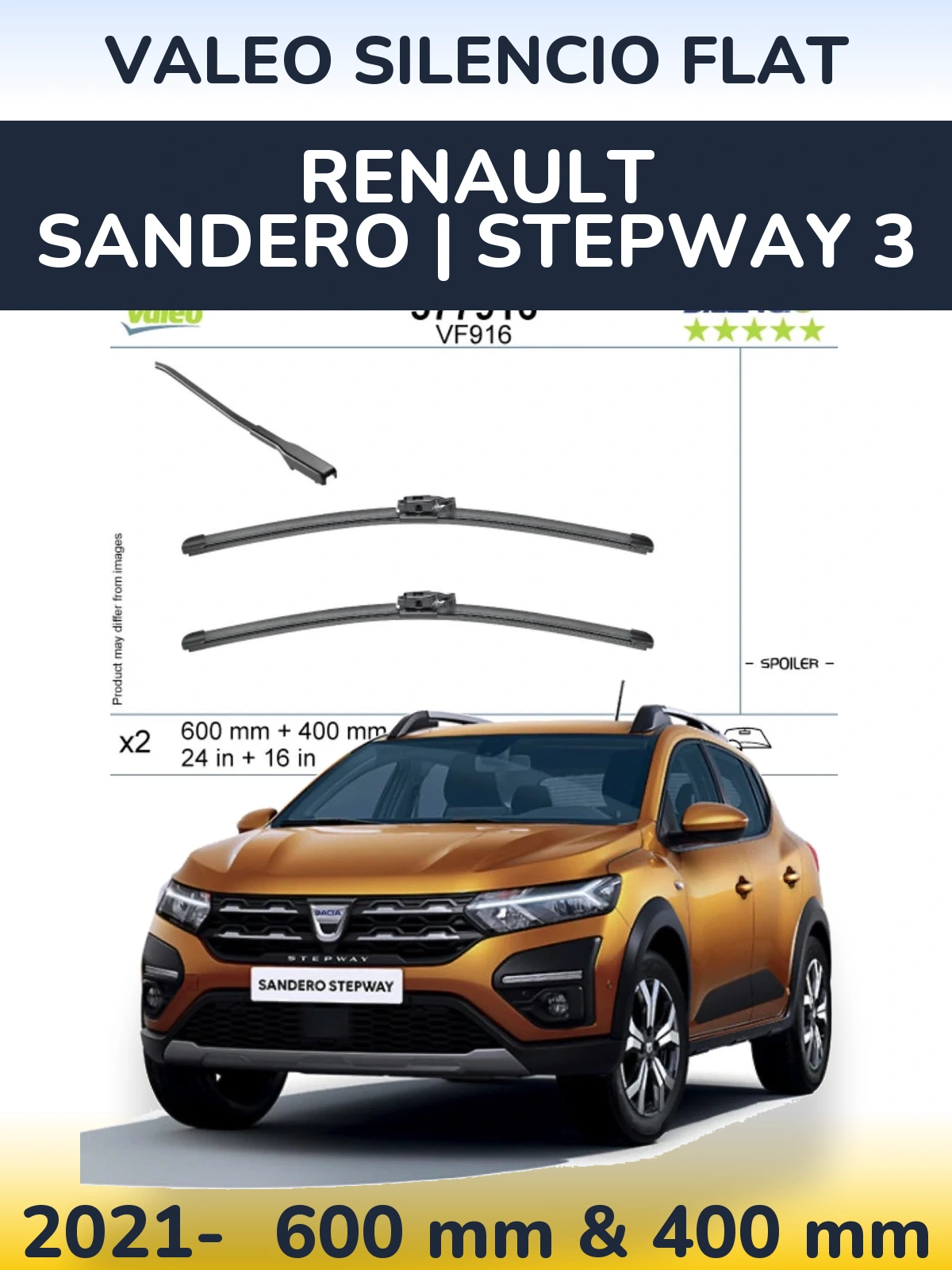 Komplet przednich wycieraczek Valeo Silencio Flat 600 & 400 mm do Renault Sandero | Stepway 3 2021-2026