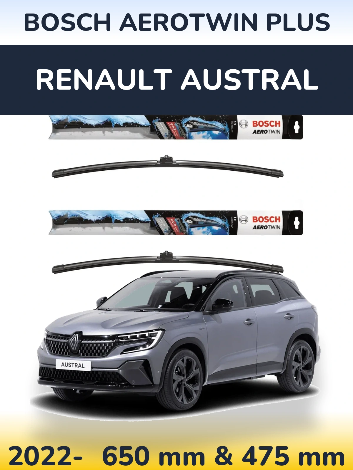 Комплект передніх щіток BOSCH AeroTwin Plus 650 & 475 мм для Renault Austral 2022-2026