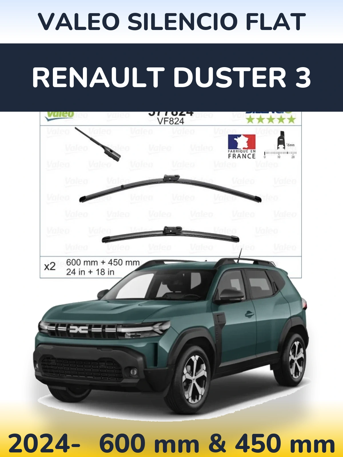 Комплект передних дворников Valeo Silencio Flat 600 & 450 мм для Renault Duster 3 2024-2026