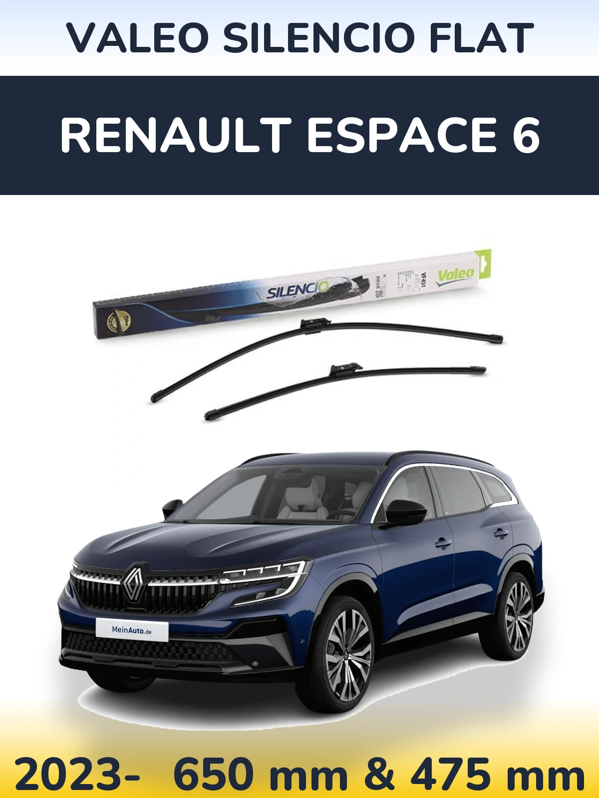 Комплект передних дворников Valeo Silencio Flat 650 & 475 мм для Renault Espace 6 2023-2026