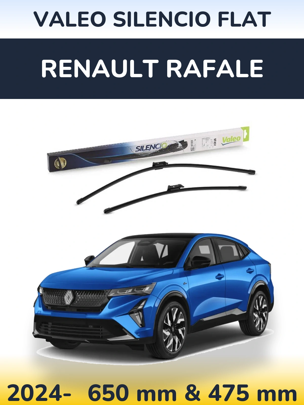 Front wiper blade set Valeo Silencio Flat 650 & 475 mm for Renault Rafale 2024-2026