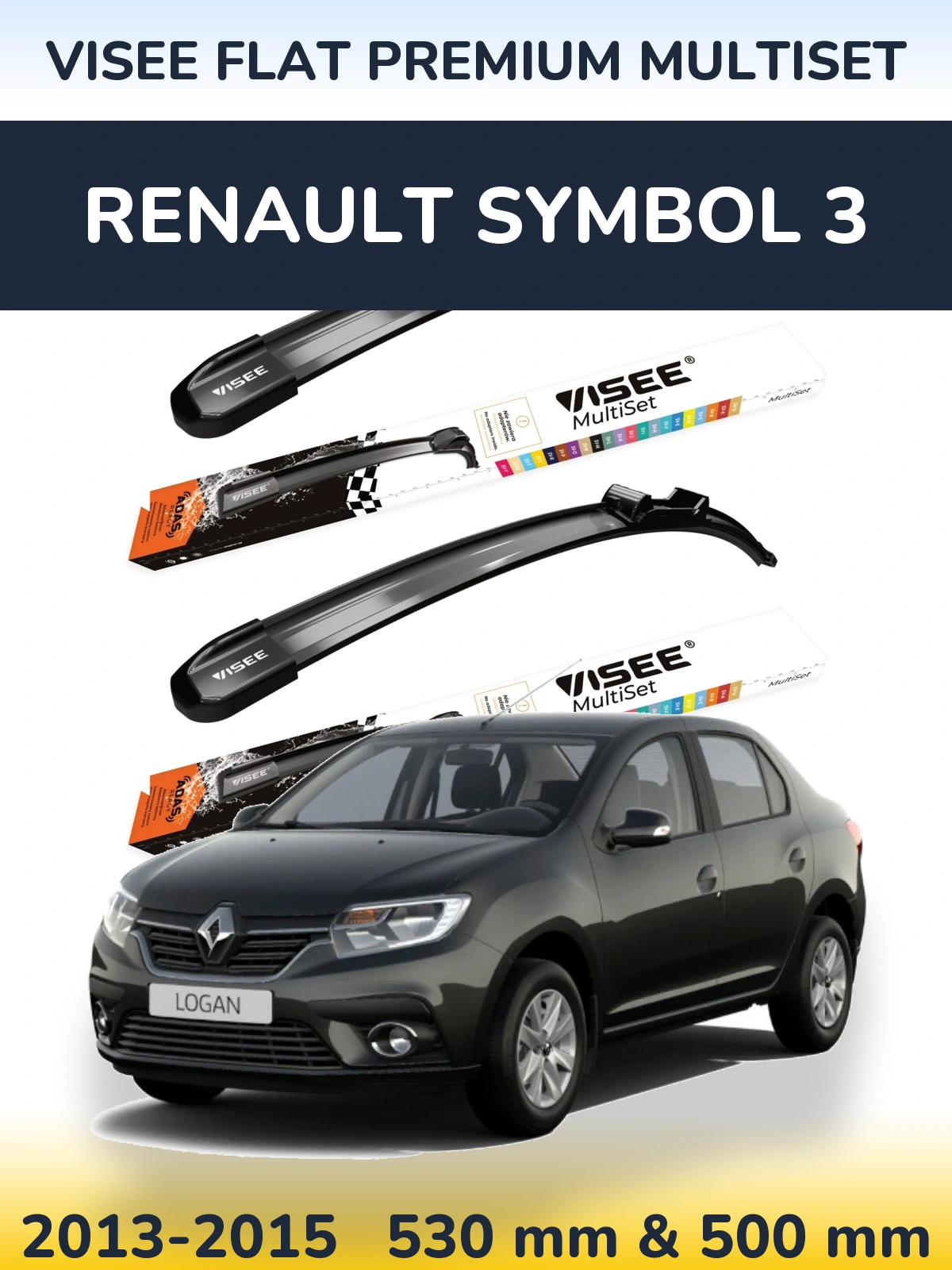 Front wiper blade set VISEE FLAT PREMIUM MultiSet 530 & 500 мм for Renault Symbol 3 2013-2015