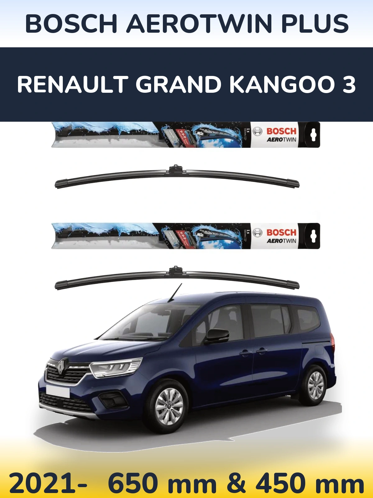 Front wiper blade set BOSCH AeroTwin Plus 650 & 450 мм for Renault Grand Kangoo 3 2021-2026