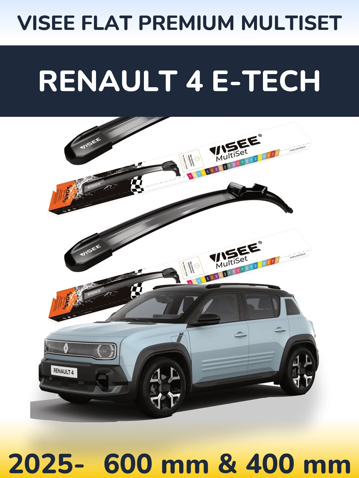 Front wiper blade set VISEE FLAT PREMIUM MultiSet 600 & 400 мм for Renault 4 E-Tech 2025-2026