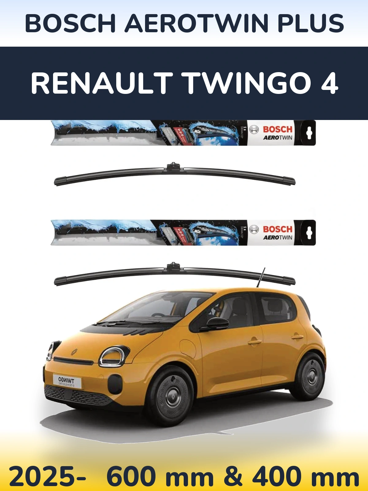 Front wiper blade set BOSCH AeroTwin Plus 600 & 400 мм for Renault Twingo 4 2025-2026