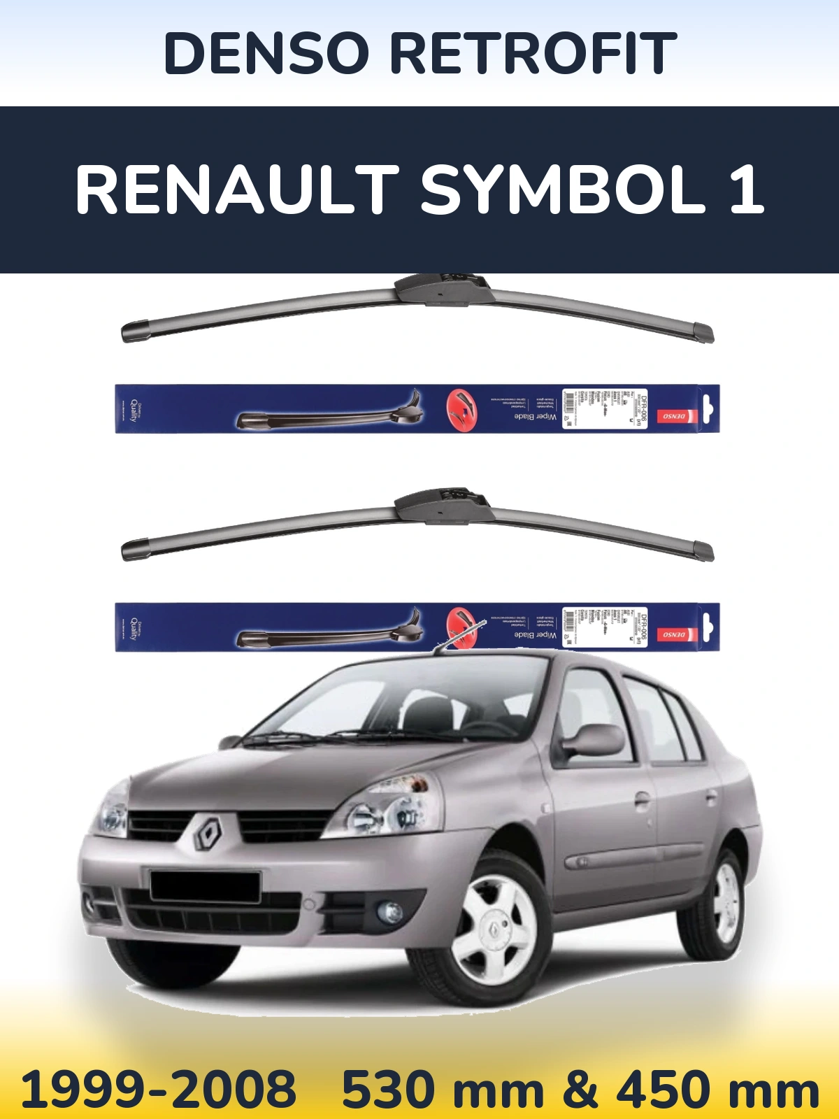Front wiper blade set Denso Retrofit 530 & 450 mm for Renault Symbol 1 1999-2008