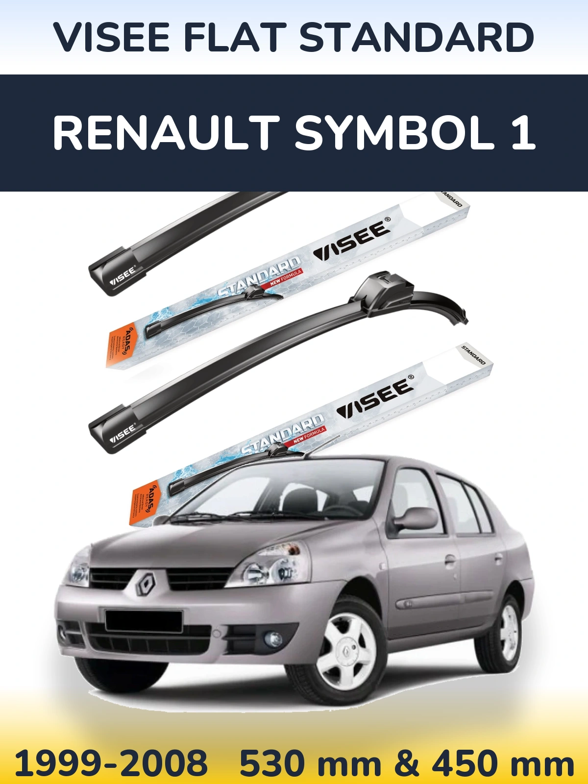 Front wiper blade set VISEE FLAT STANDARD 530 & 450 mm for Renault Symbol 1 1999-2008