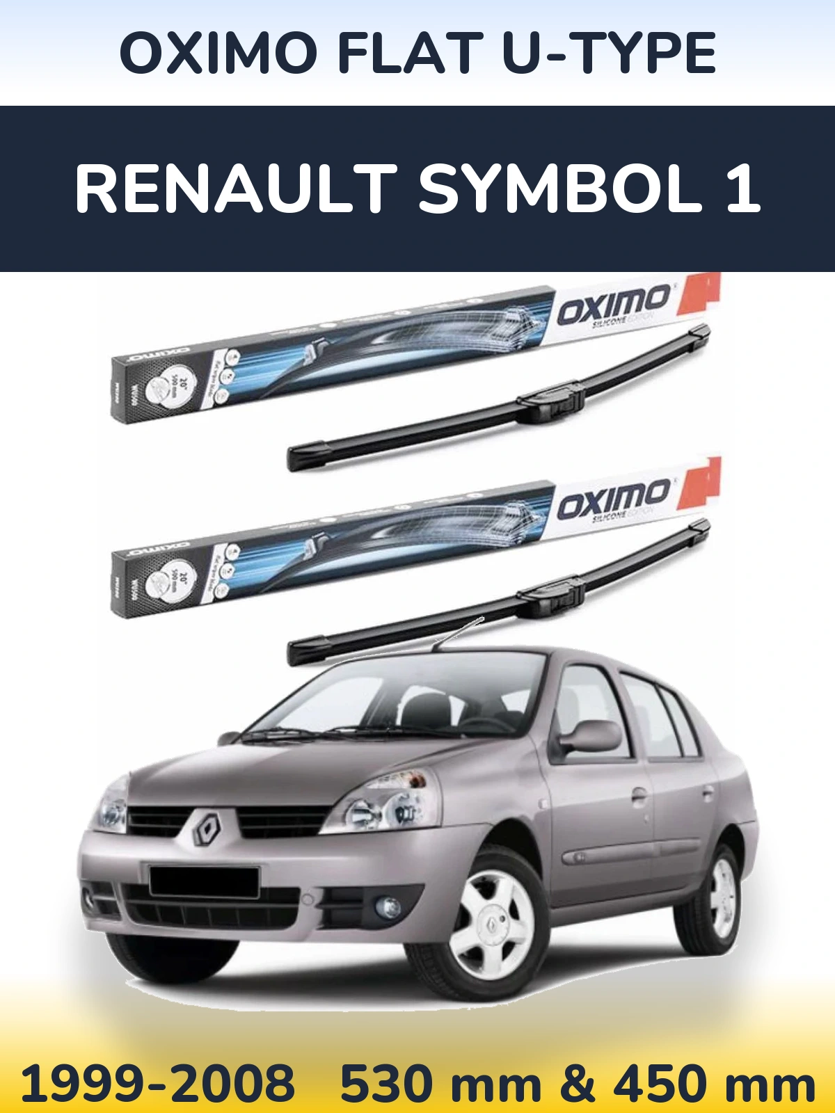 Front wiper blade set Oximo Flat U-type 530 & 450 мм for Renault Symbol 1 1999-2008