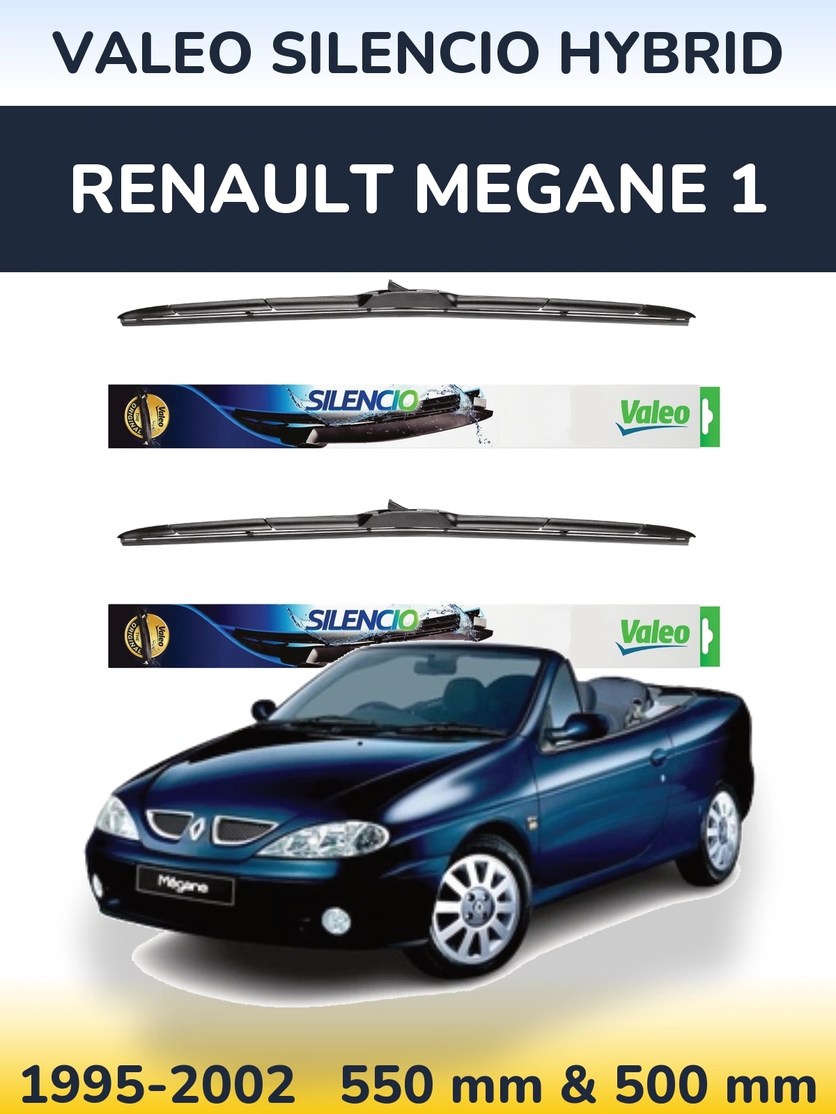 Front wiper blade set Valeo Silencio Hybrid 550 & 500 mm for Renault Megane 1 1995-2002