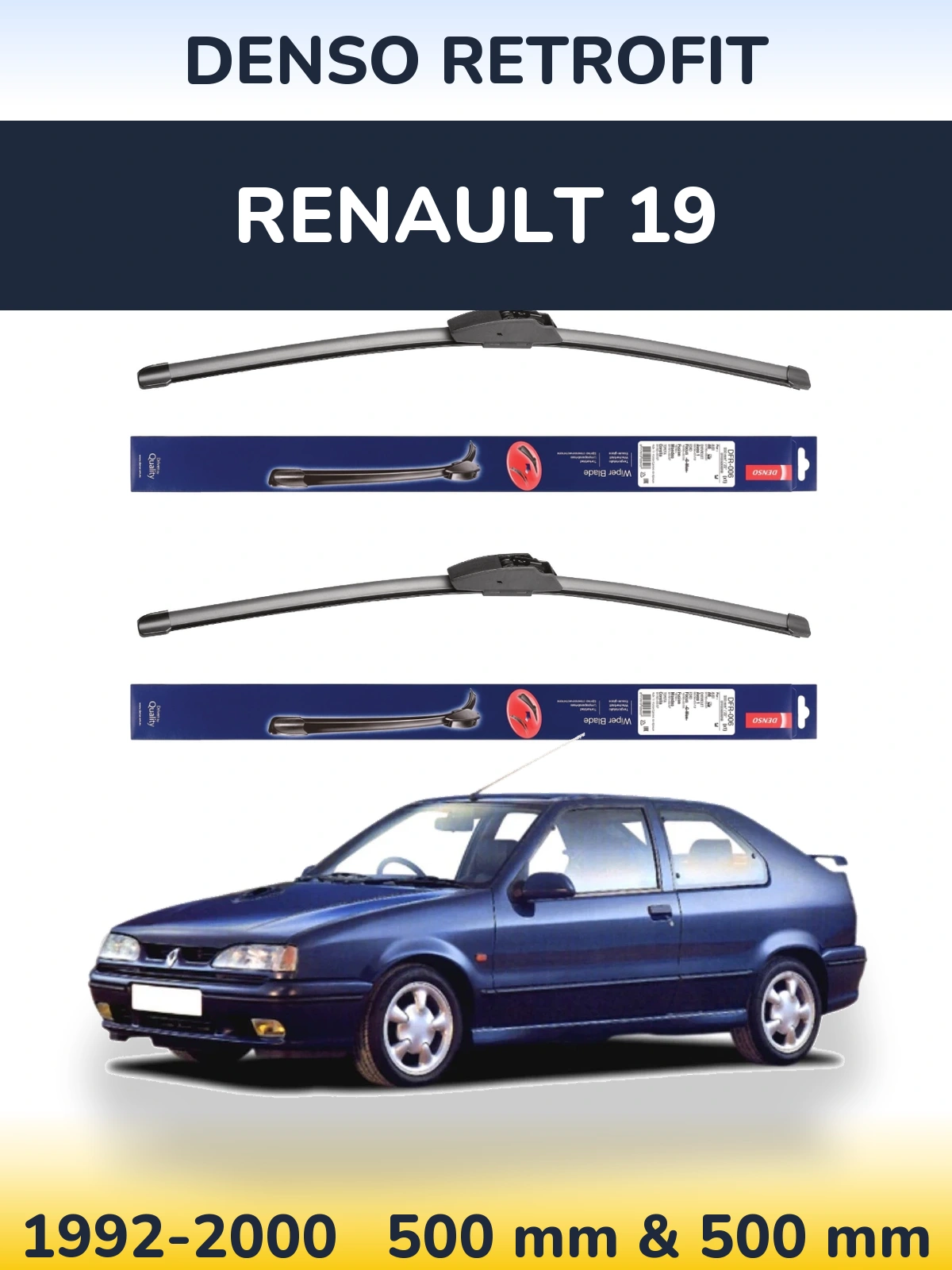 Front wiper blade set Denso Retrofit 500 & 500 mm for Renault 19 1992-2000