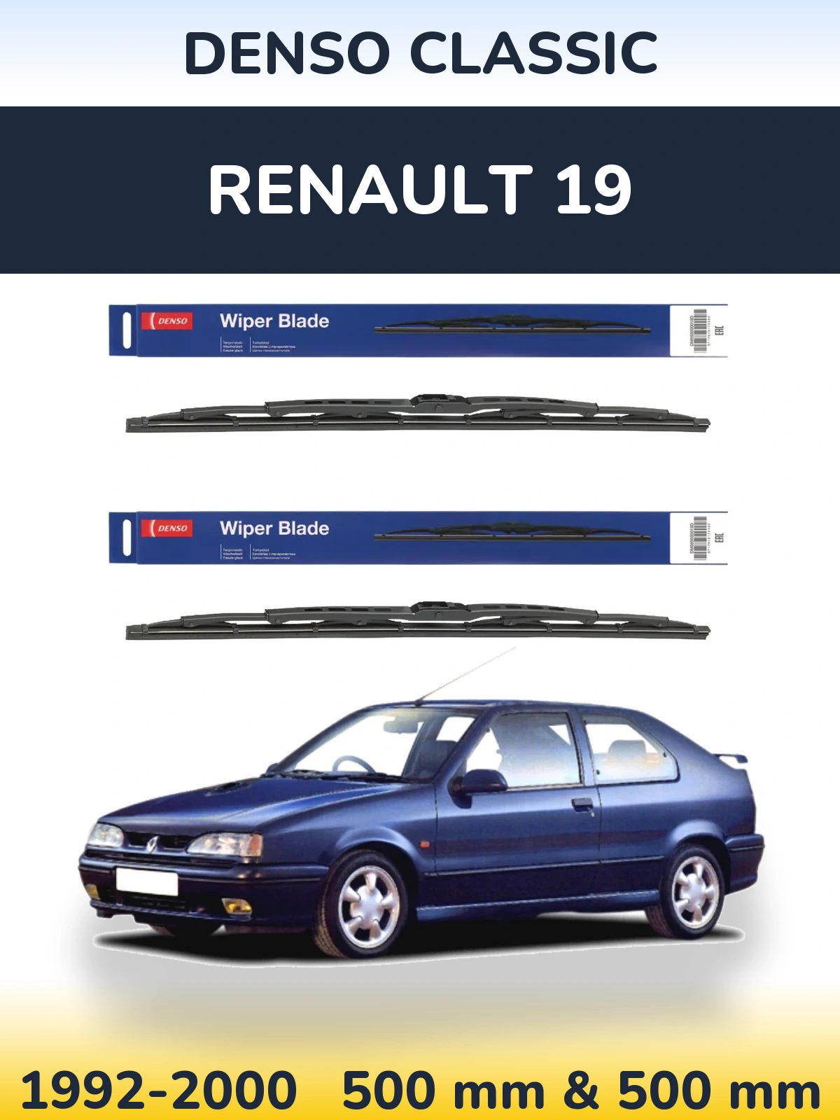Front wiper blade set Denso Classic 500 & 500 mm for Renault 19 1992-2000
