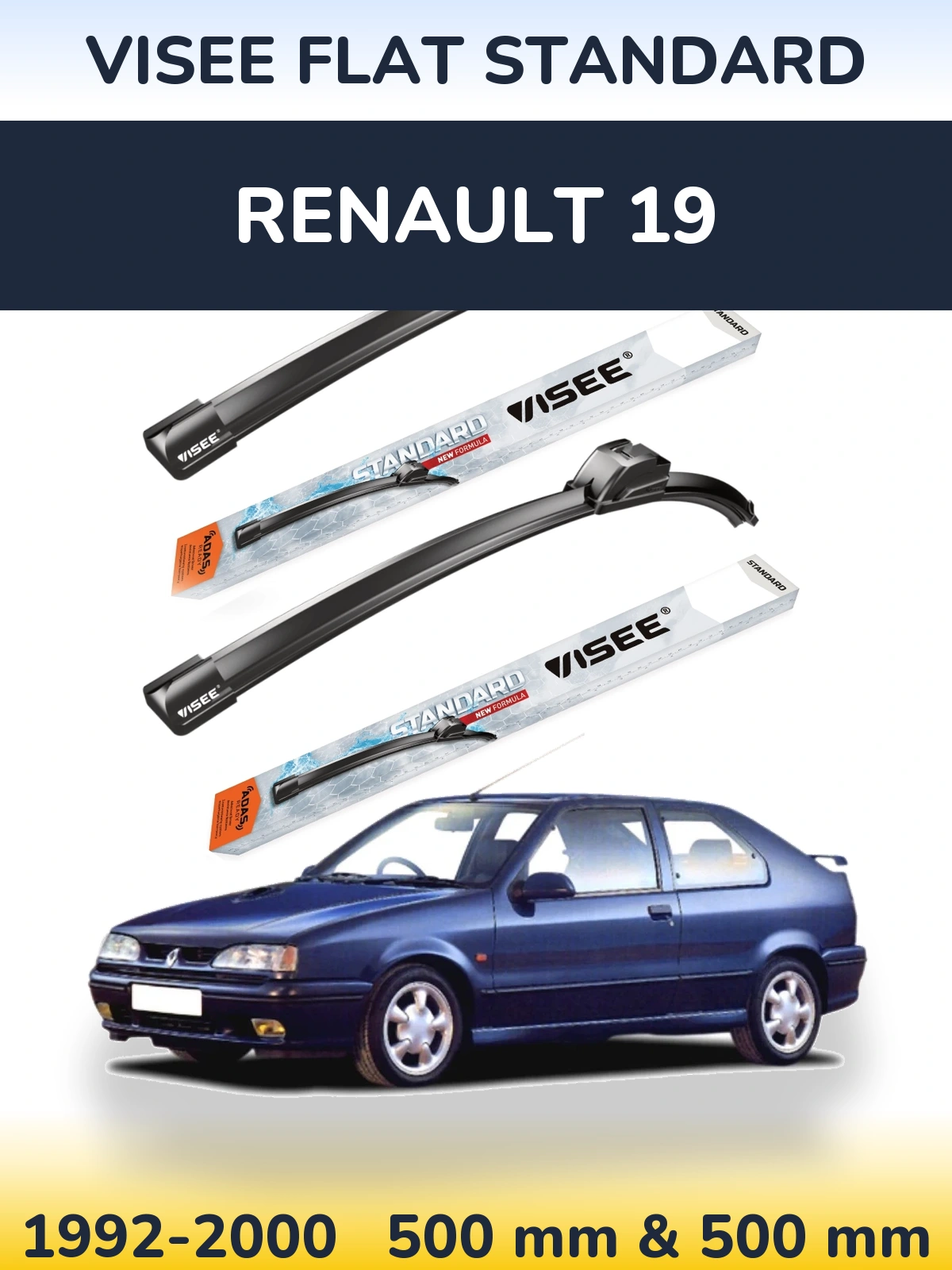 Front wiper blade set VISEE FLAT STANDARD 500 & 500 mm for Renault 19 1992-2000