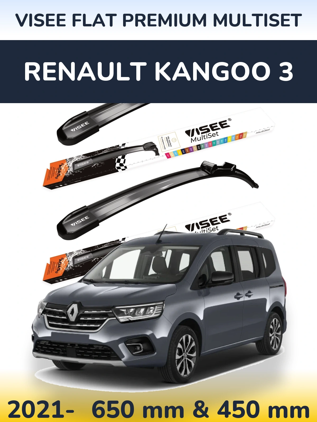 Front wiper blade set VISEE FLAT PREMIUM MultiSet 650 & 450 мм for Renault Kangoo 3 2021-2026