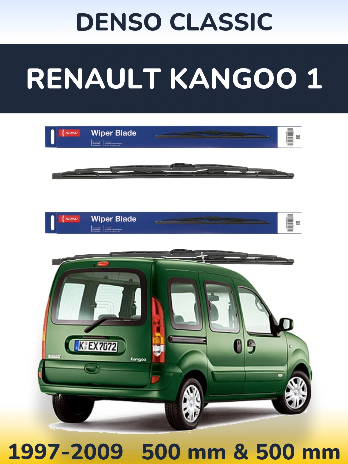 Front wiper blade set Denso Classic 500 & 500 mm for Renault Kangoo 1 1997-2009