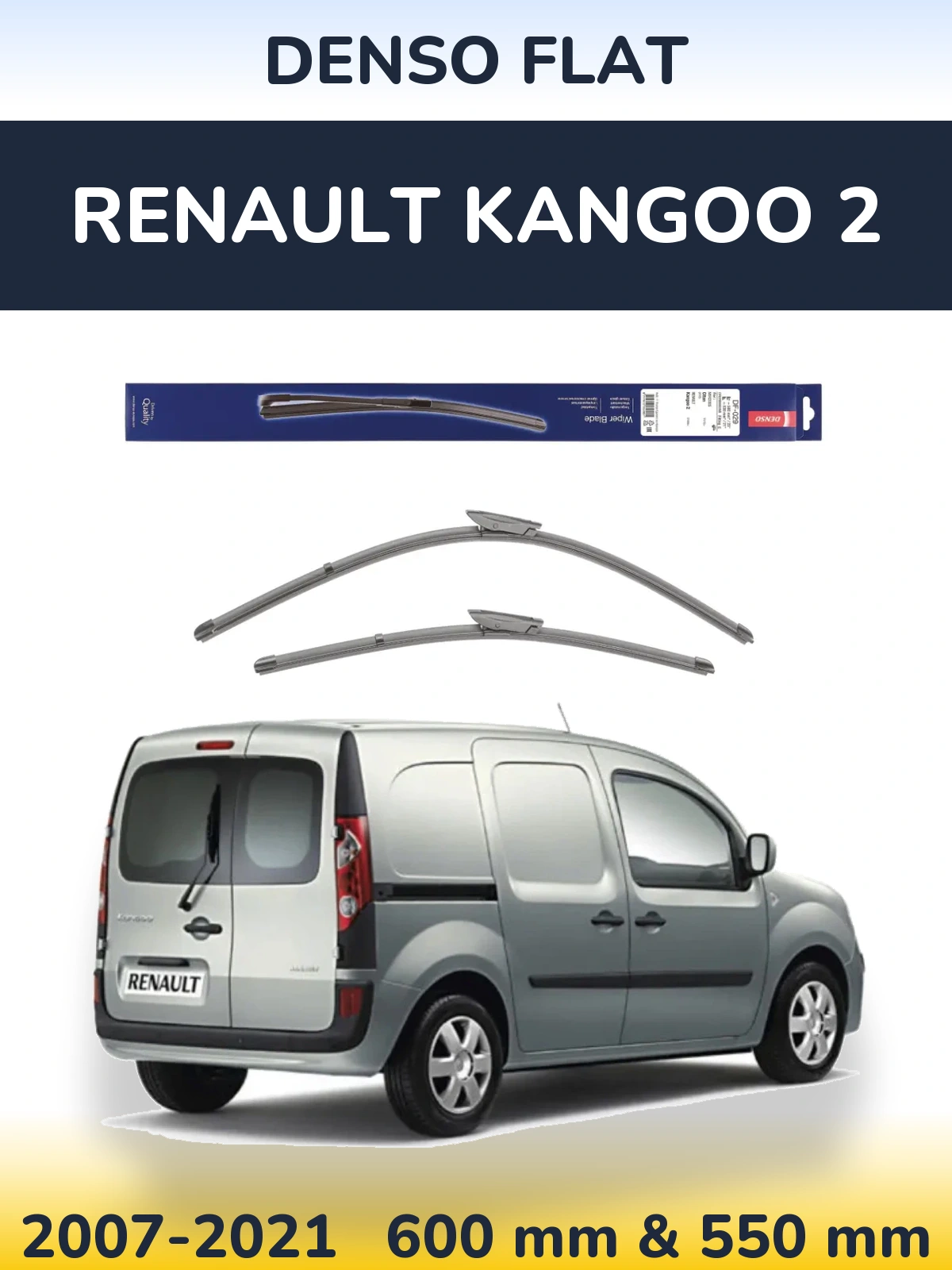 Front wiper blade set Denso Flat 580 & 530 мм for Renault Kangoo 2 2007-2021