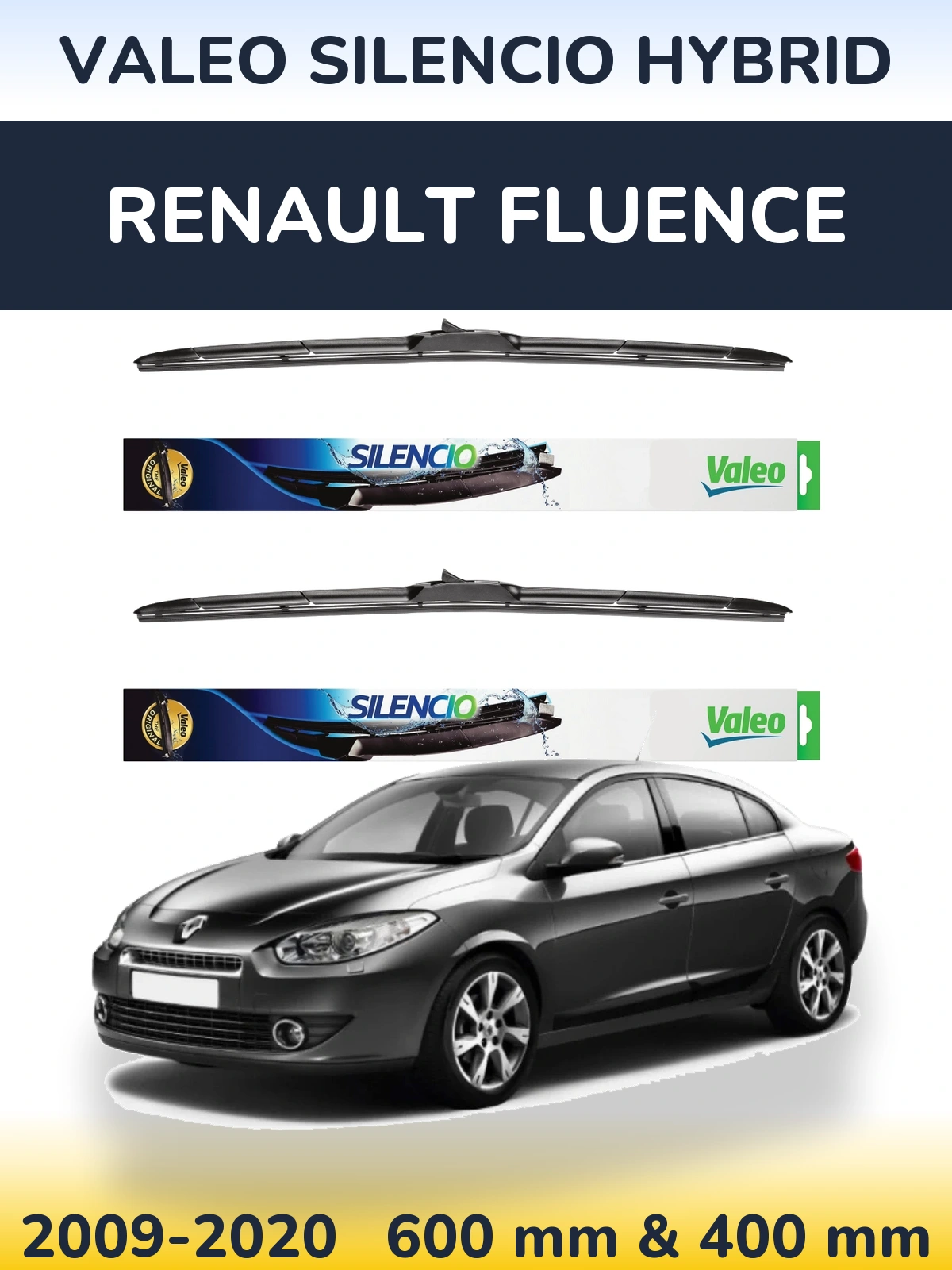 Front wiper blade set Valeo Silencio Hybrid 600 & 400 мм for Renault Fluence 2009-2020