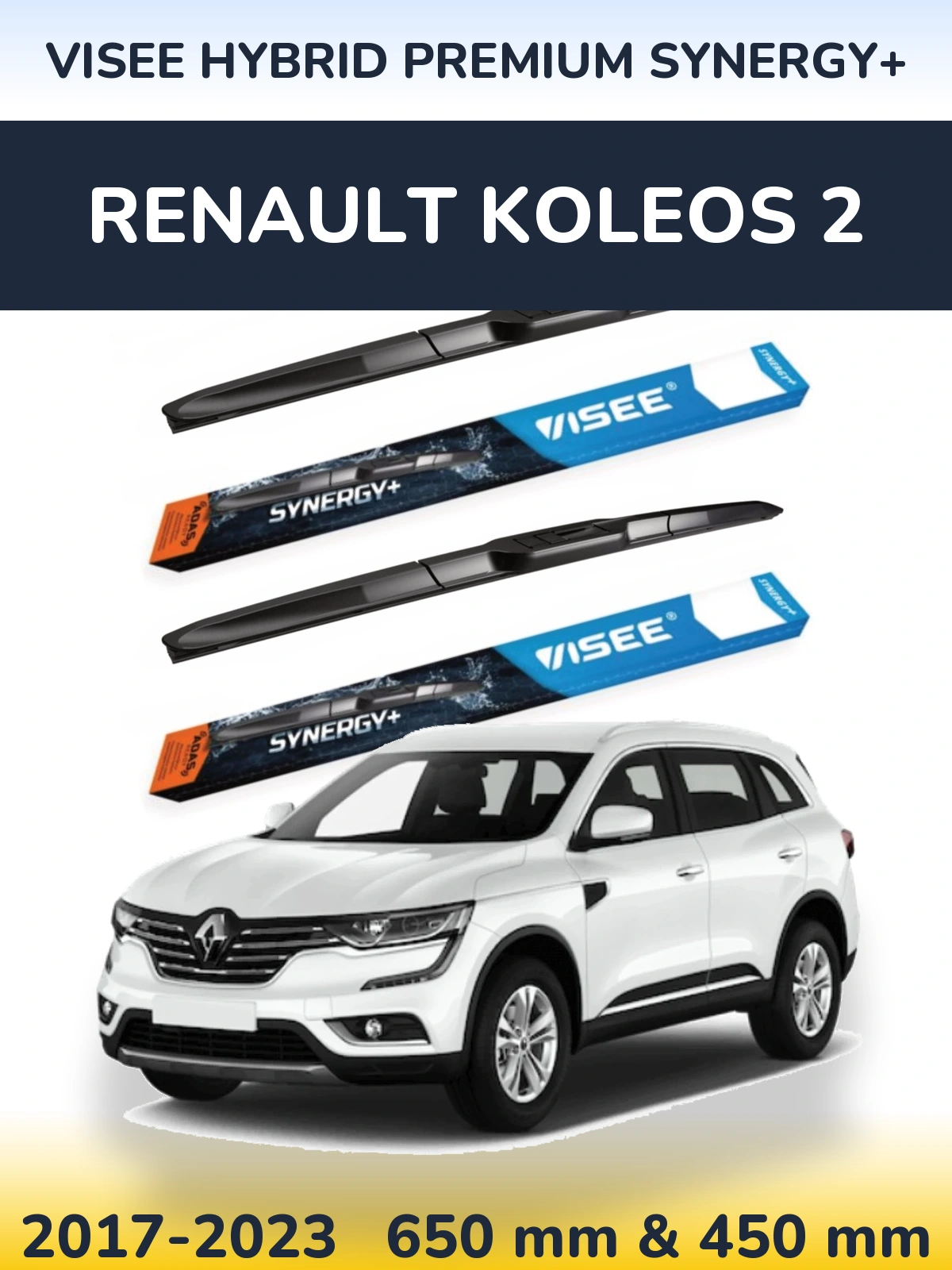 Front wiper blade set VISEE HYBRID PREMIUM SYNERGY+ 650 & 450 мм for Renault Koleos 2 2017-2023