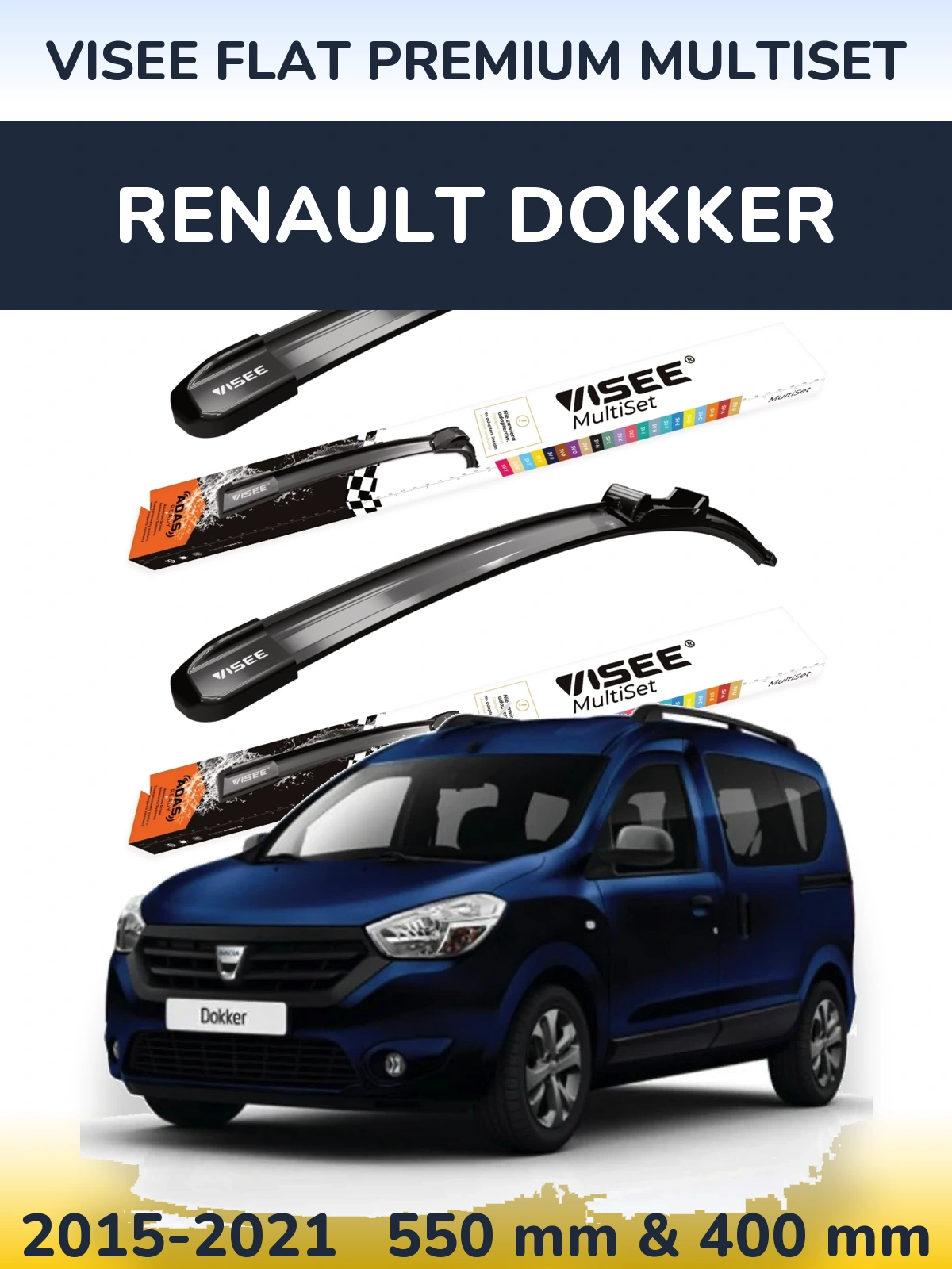 Komplet przednich wycieraczek VISEE FLAT PREMIUM MultiSet 550 & 400 mm do Renault Dokker 2015-2021