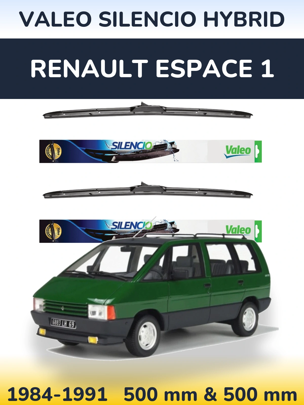 Front wiper blade set Valeo Silencio Hybrid 500 & 500 мм for Renault Espace 1 1984-1991