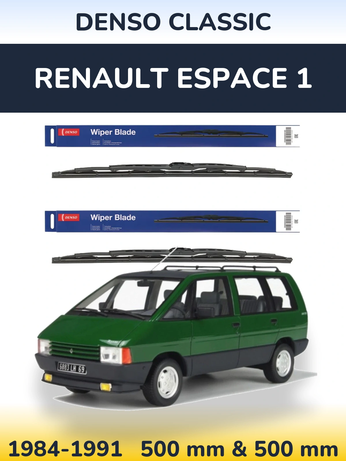 Front wiper blade set Denso Classic 500 & 500 mm for Renault Espace 1 1984-1991