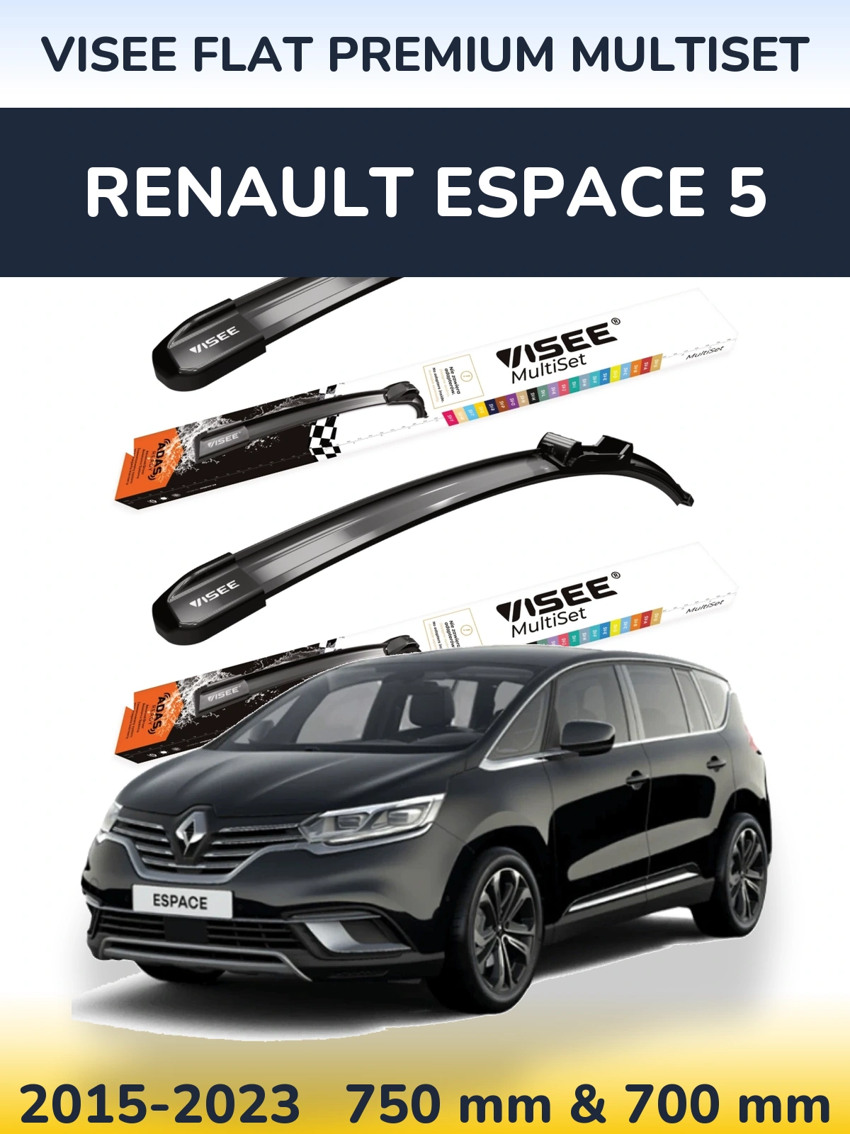 Комплект передних дворников VISEE FLAT PREMIUM MultiSet 750 & 700 мм для Renault Espace 5 2015-2023