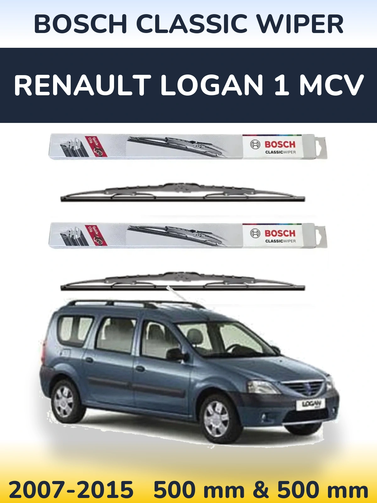 Front wiper blade set BOSCH Classic Wiper 500 & 500 мм for Renault Logan 1 MCV 2007-2015