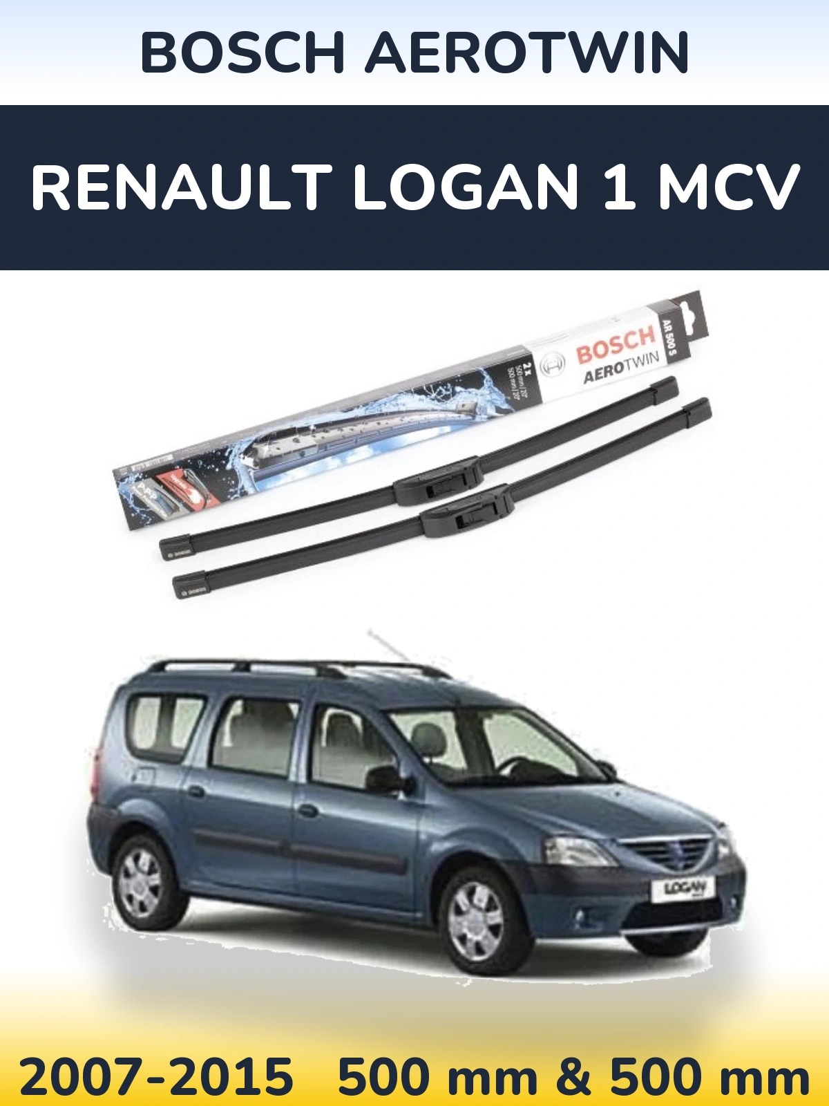 Front wiper blade set BOSCH AeroTwin 500 & 500 мм for Renault Logan 1 MCV 2007-2015