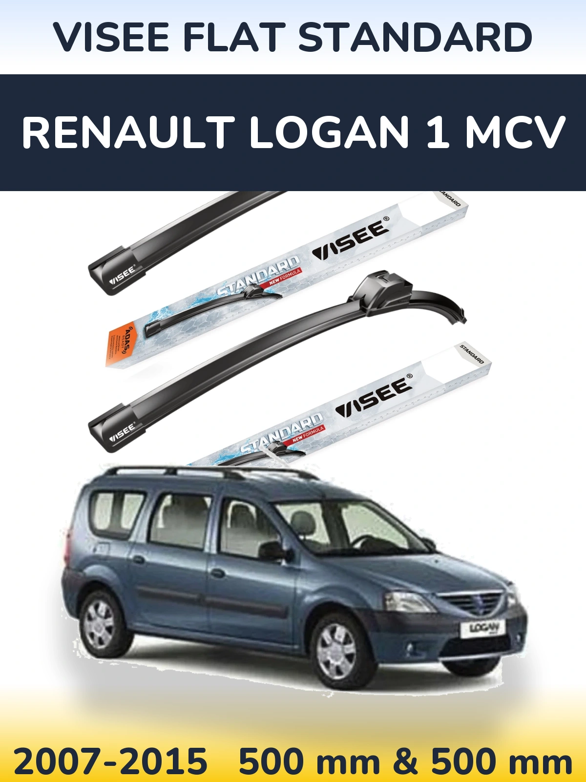 Front wiper blade set VISEE FLAT STANDARD 500 & 500 мм for Renault Logan 1 MCV 2007-2015