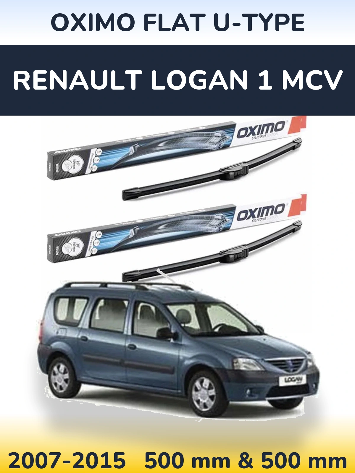 Front wiper blade set Oximo Flat U-type 500 & 500 mm for Renault Logan 1 MCV 2007-2015
