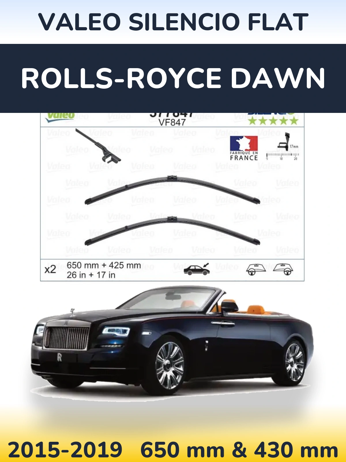 Front wiper blade set Valeo Silencio Flat 650 & 430 mm for Rolls-Royce Dawn 2015-2019
