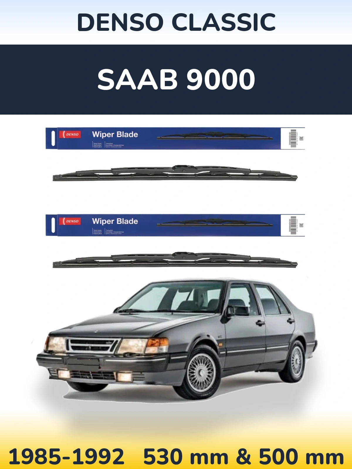 Front wiper blade set Denso Classic 530 & 500 mm for SAAB 9000 1985-1992