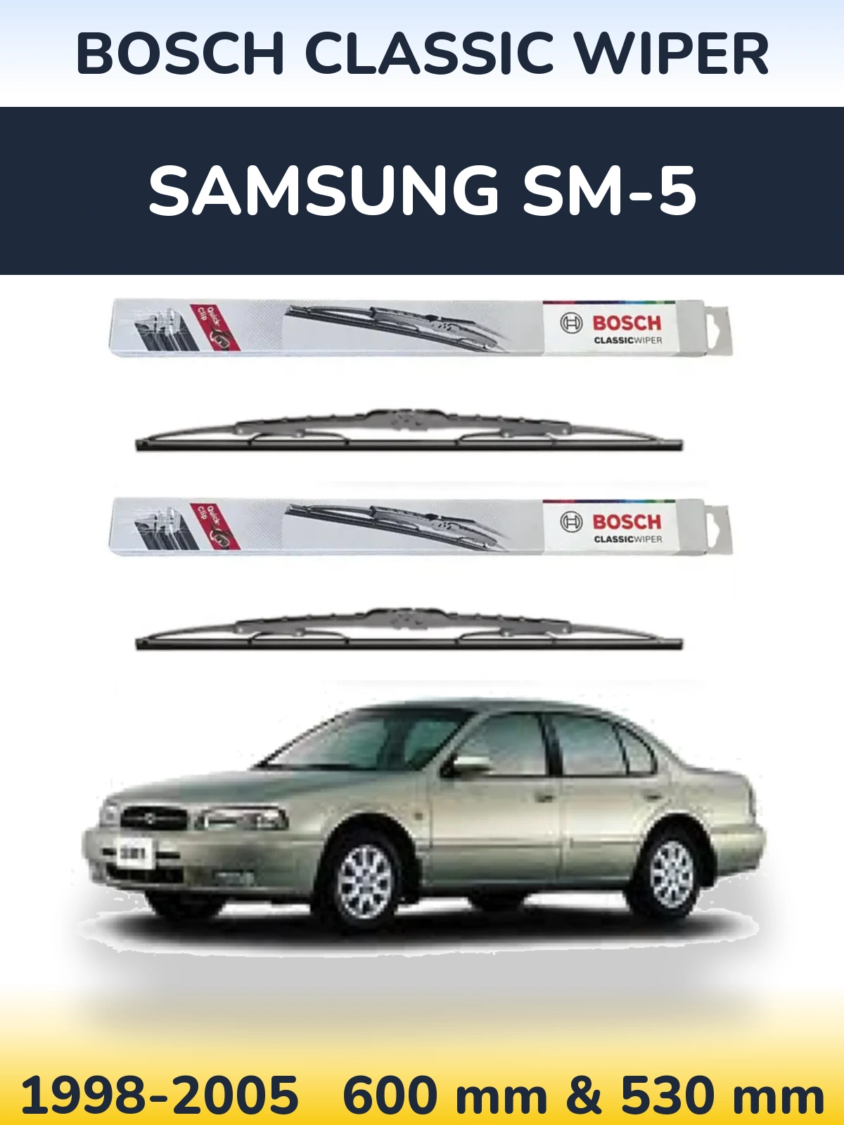 Front wiper blade set BOSCH Classic Wiper 600 & 530 мм for Samsung SM-5 1998-2005