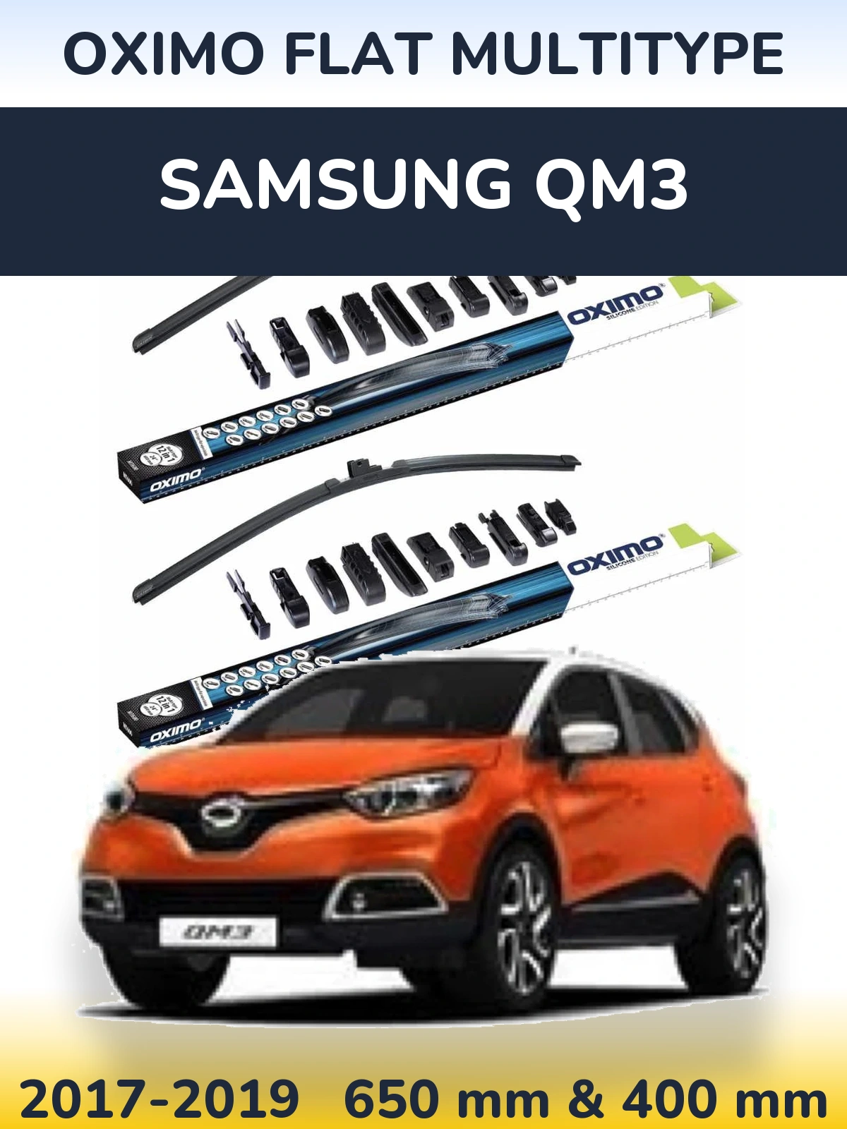 Front wiper blade set Oximo Flat MultiTypee 650 & 400 mm for Samsung QM3 2017-2019