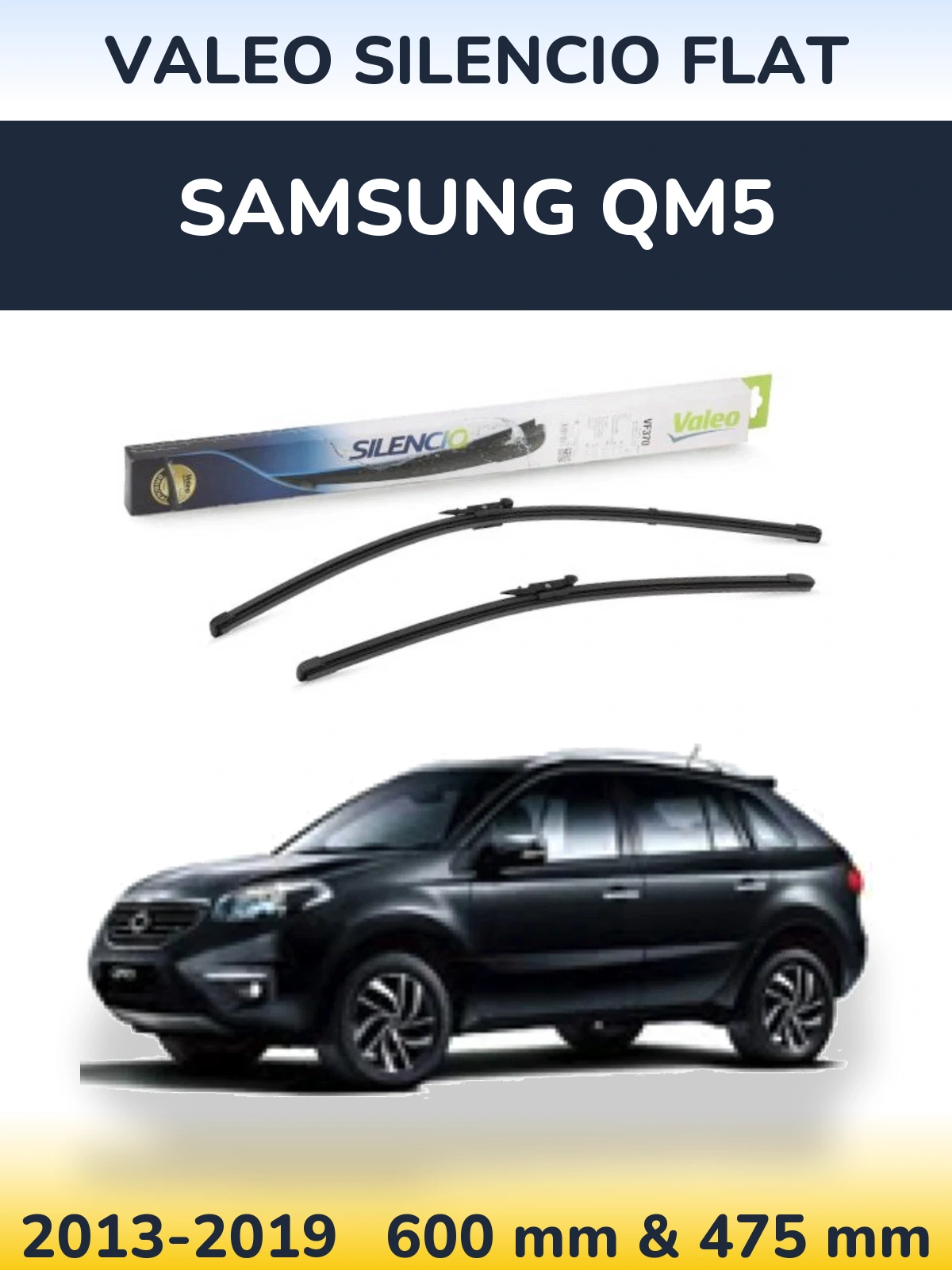 Front wiper blade set Valeo Silencio Flat 600 & 475 mm for Samsung QM5 2013-2019