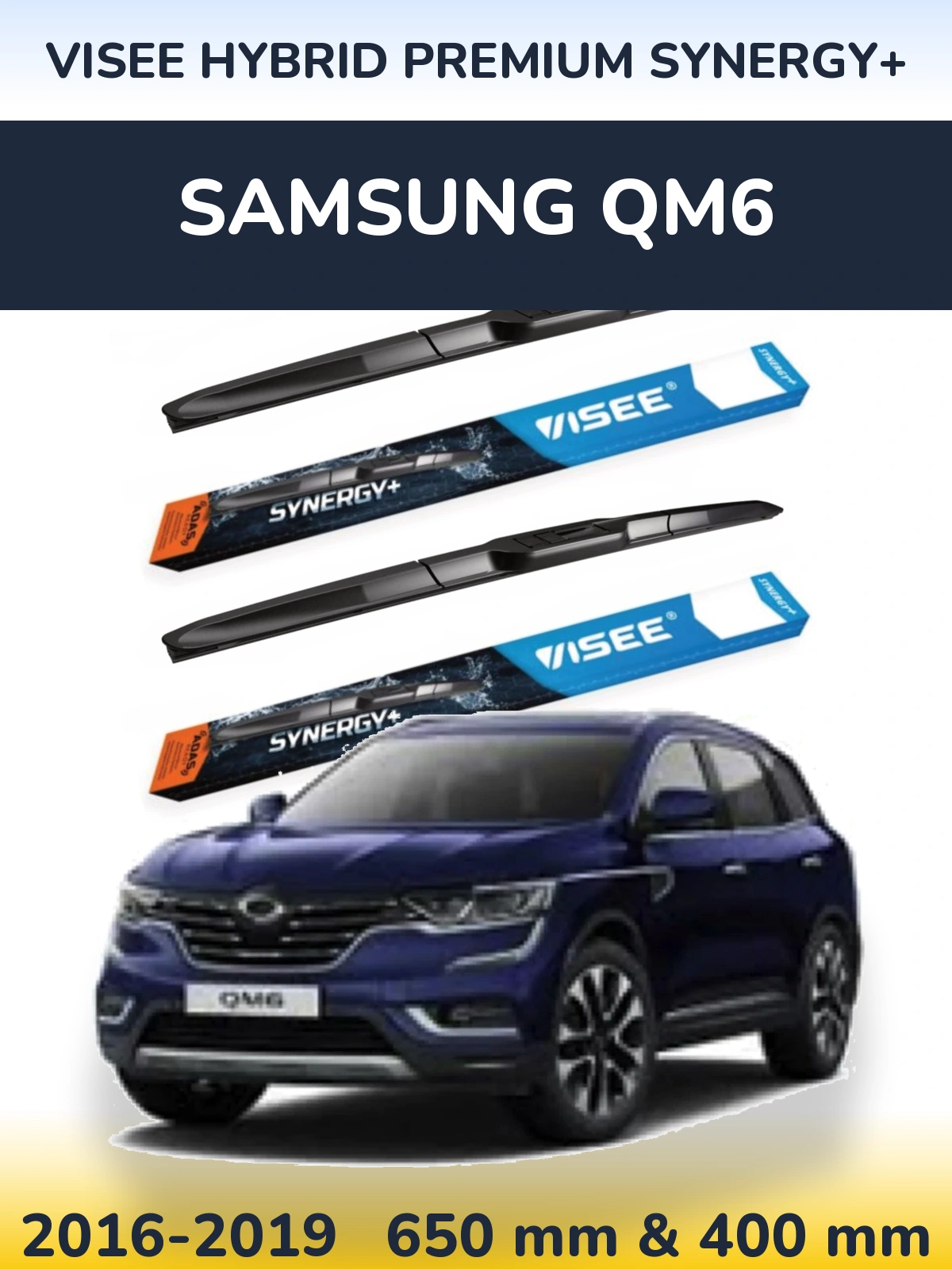 Front wiper blade set VISEE HYBRID PREMIUM SYNERGY+ 650 & 400 мм for Samsung QM6 2016-2019