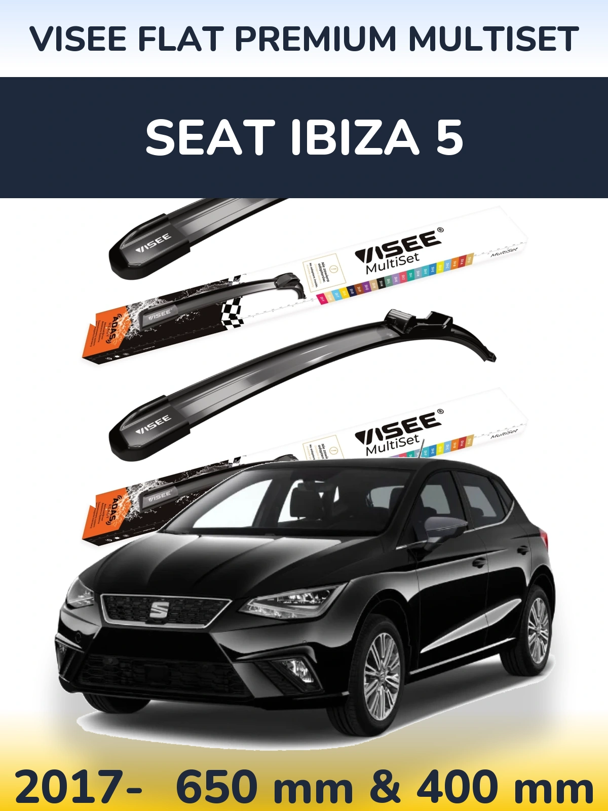 Front wiper blade set VISEE FLAT PREMIUM MultiSet 650 & 400 mm for SEAT Ibiza 5 2017-2026