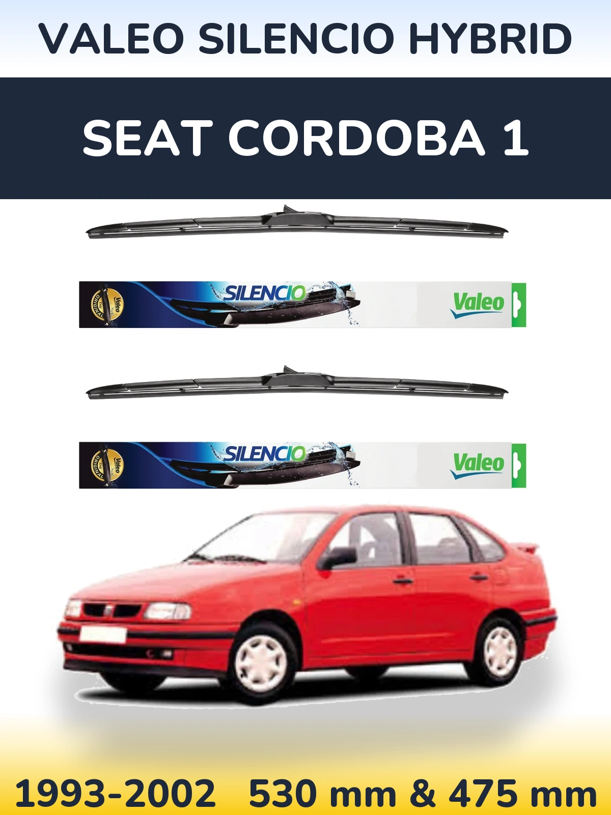 Front wiper blade set Valeo Silencio Hybrid 530 & 475 mm for SEAT Cordoba 1 1993-2002