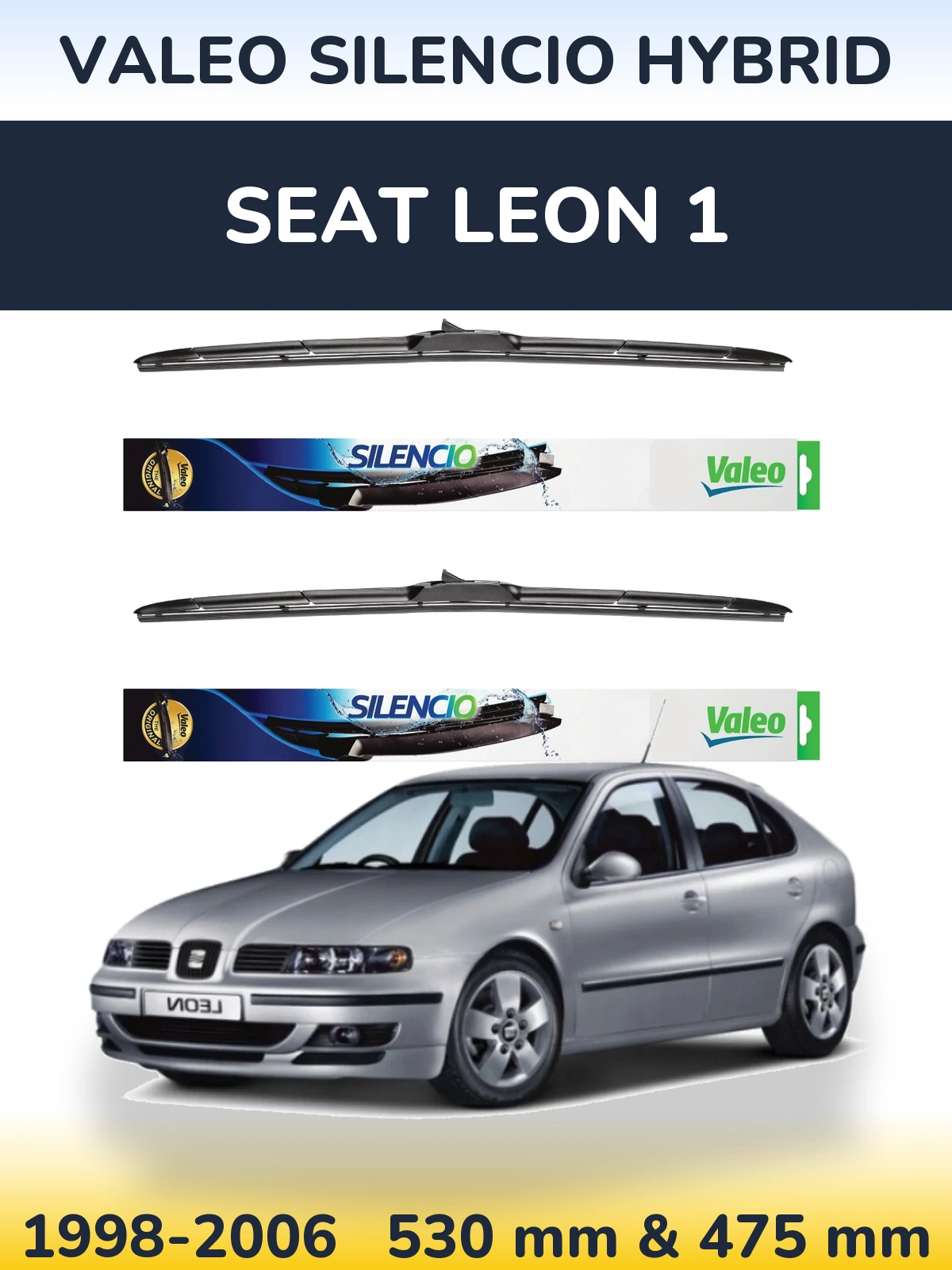 Front wiper blade set Valeo Silencio Hybrid 530 & 475 мм for SEAT Leon 1 1998-2006